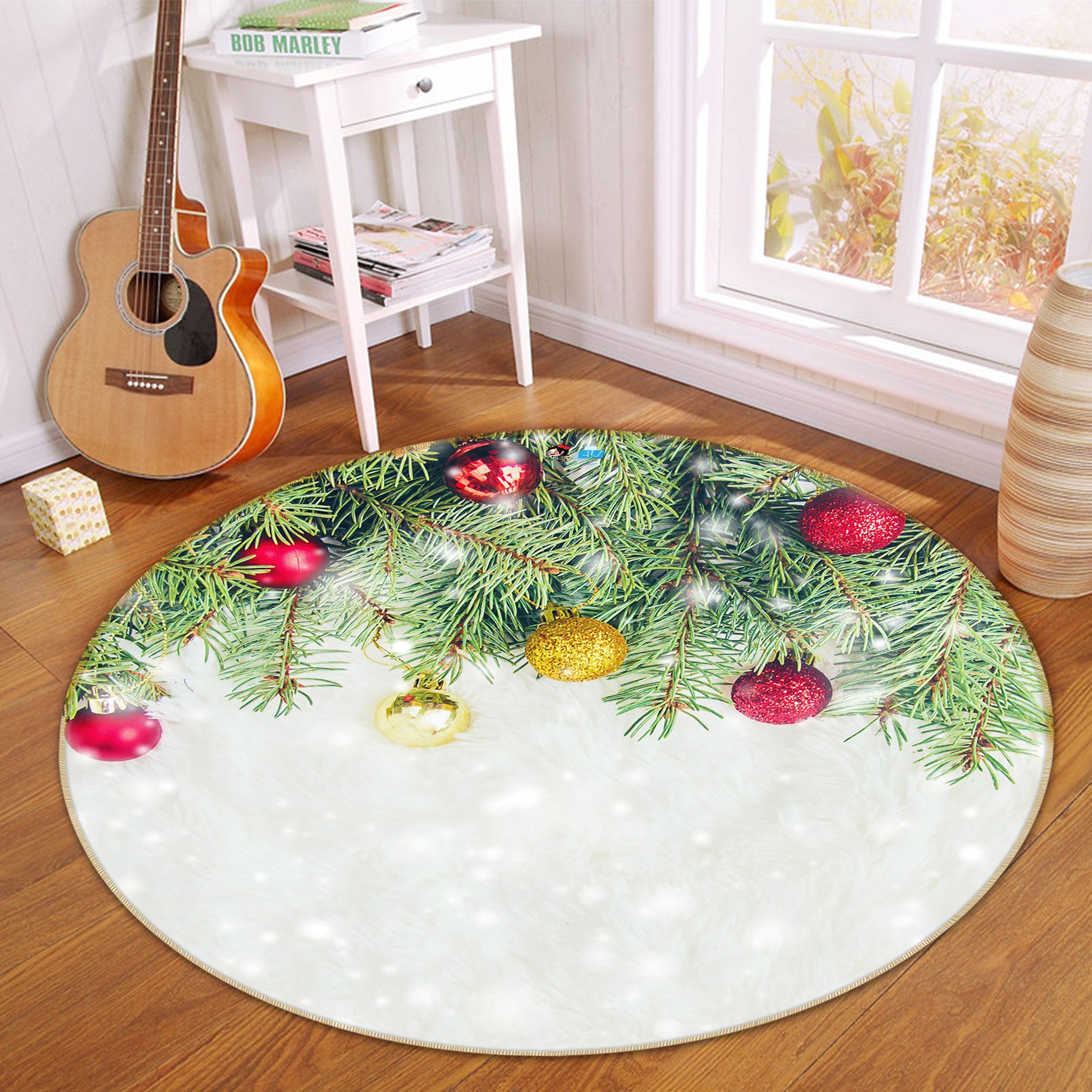 3D Red Yellow Balls 56063 Christmas Round Non Slip Rug Mat Xmas