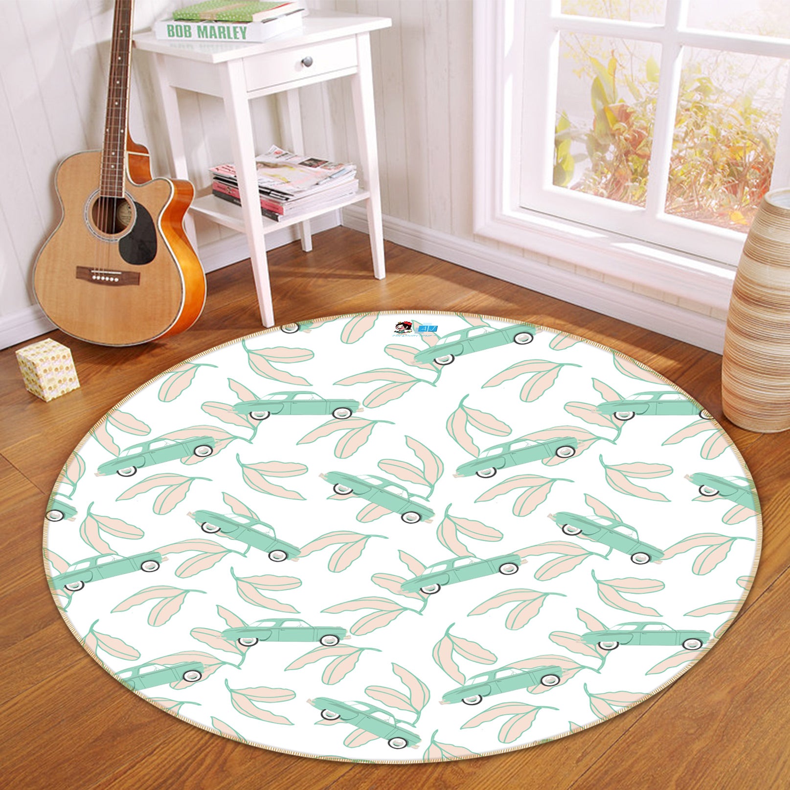 3D Green Car Leaves Pattern 9895 Kasumi Loffler Rug Round Non Slip Rug Mat