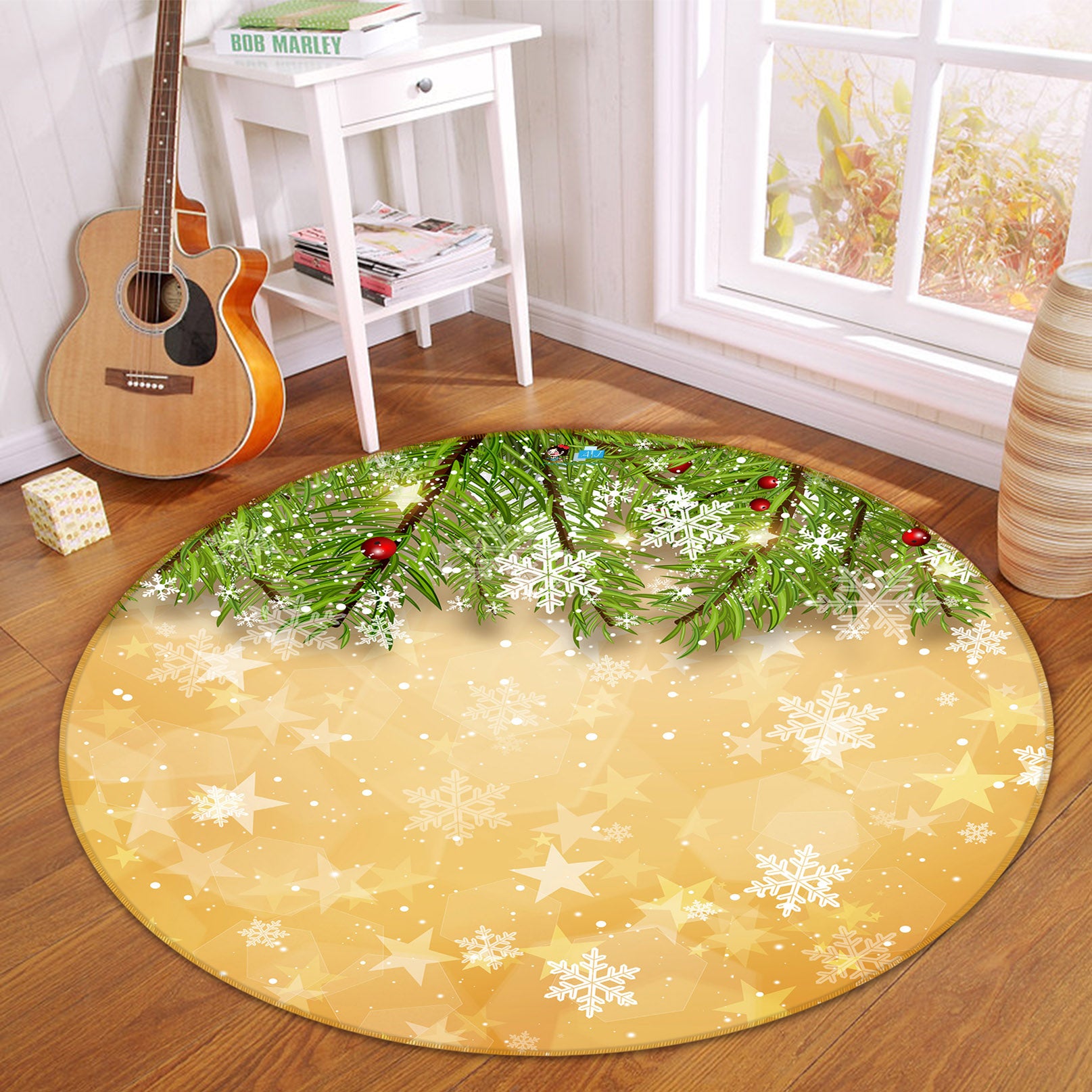 3D Branches Snowflakes 55270 Christmas Round Non Slip Rug Mat Xmas
