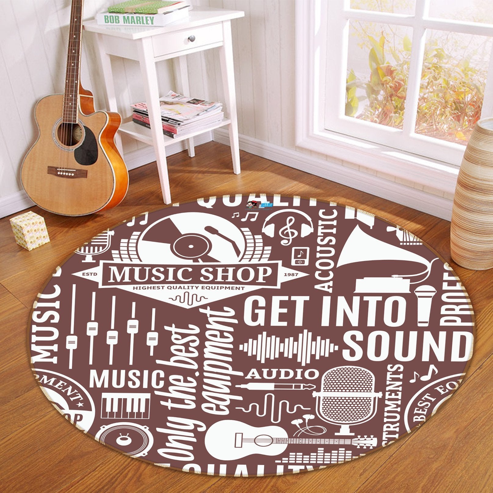 3D Guitar Microphone 281 Round Non Slip Rug Mat Mat AJ Creativity Home