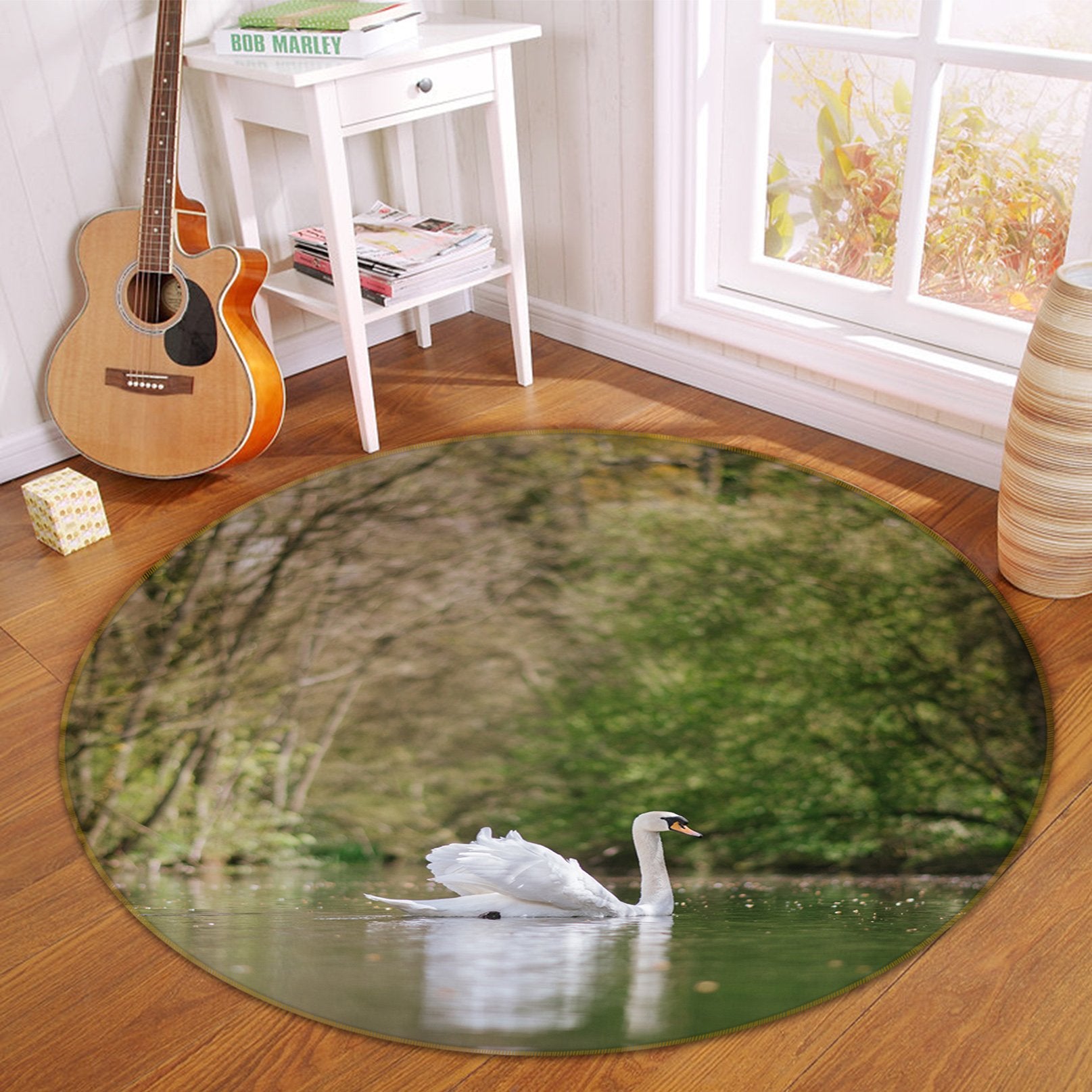 3D White Swan Swimming 108 Animal Round Non Slip Rug Mat Mat AJ Creativity Home
