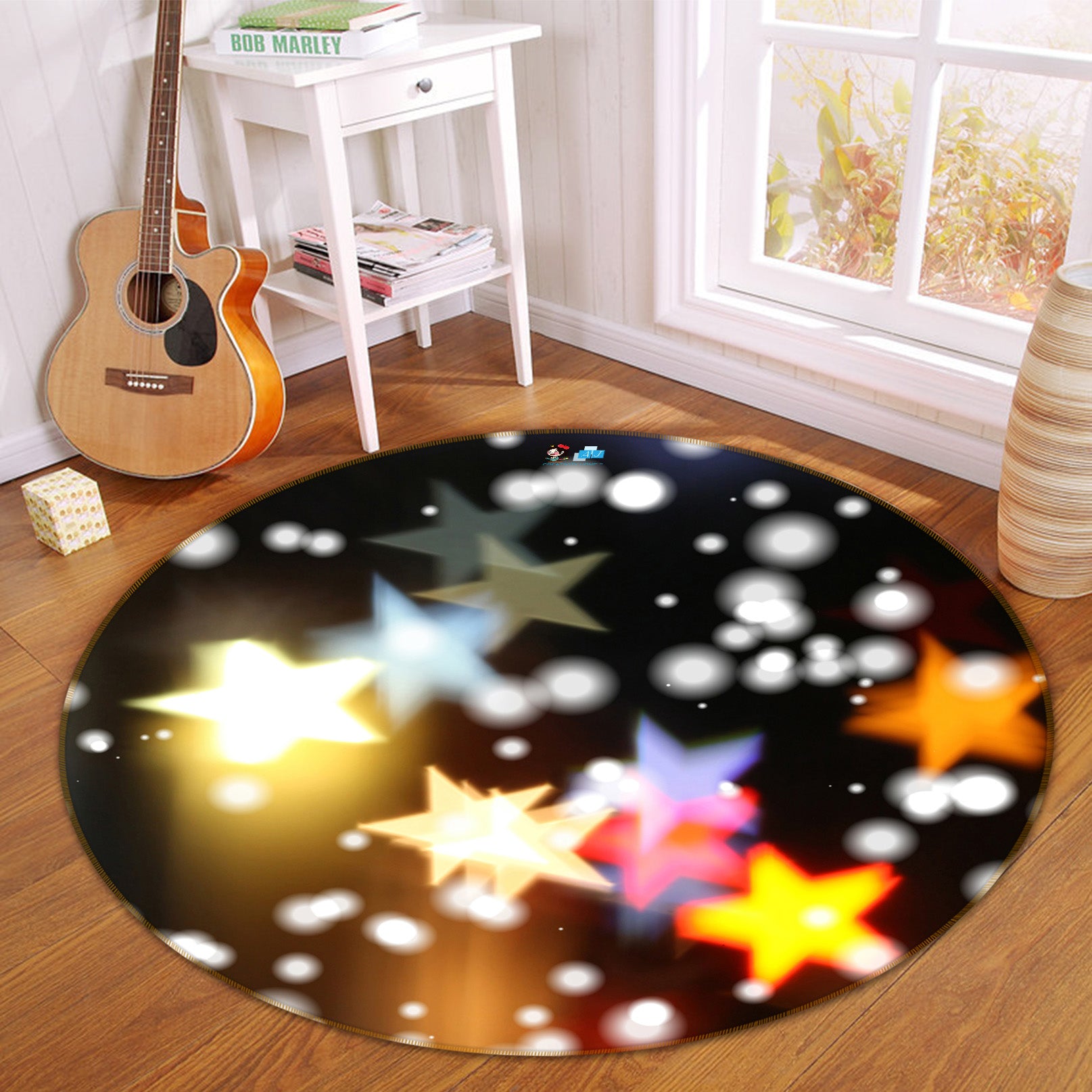 3D Colored Five-Pointed Star 56003 Christmas Round Non Slip Rug Mat Xmas