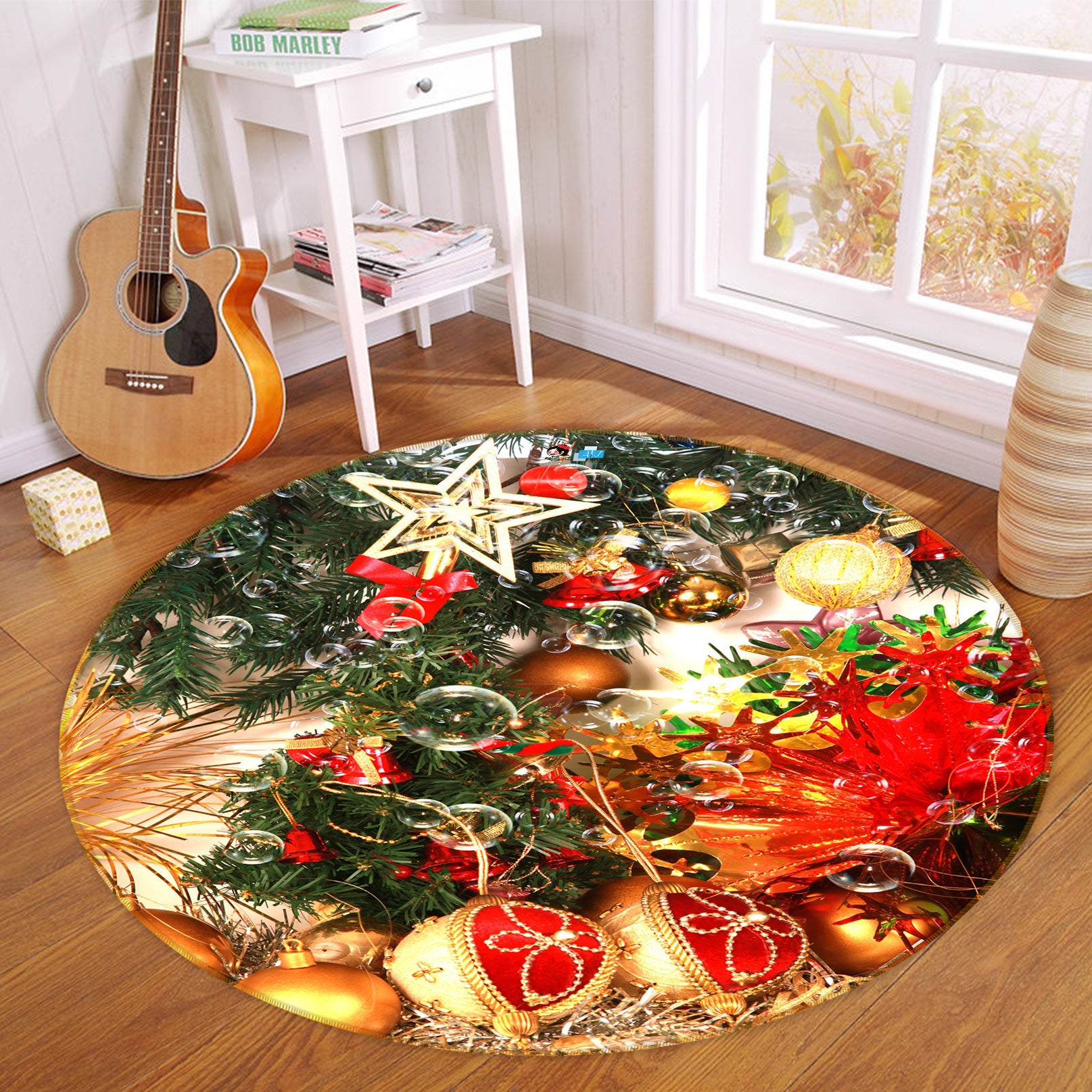 3D Golden Pendant 55190 Christmas Round Non Slip Rug Mat Xmas