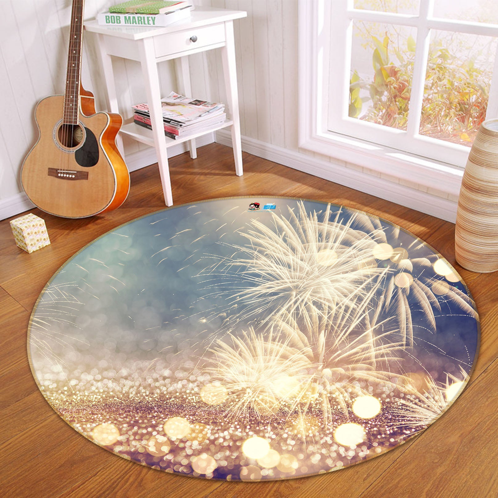 3D Firework Light 56049 Christmas Round Non Slip Rug Mat Xmas