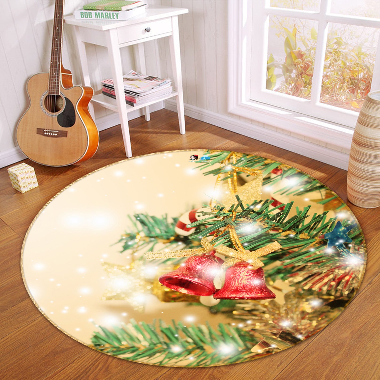 3D Branches Bells 56031 Christmas Round Non Slip Rug Mat Xmas