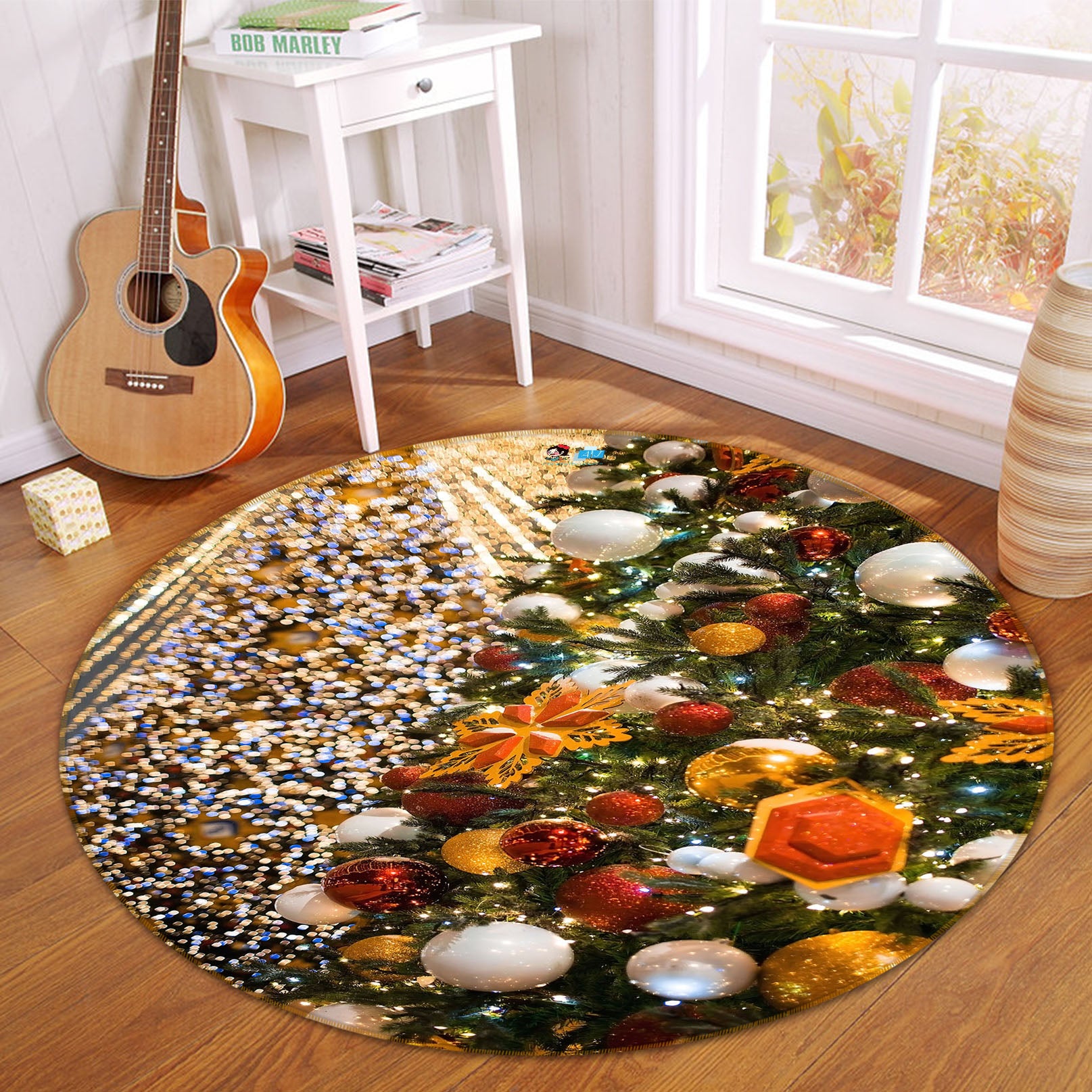 3D Golden Red Ball Tree 56093 Christmas Round Non Slip Rug Mat Xmas