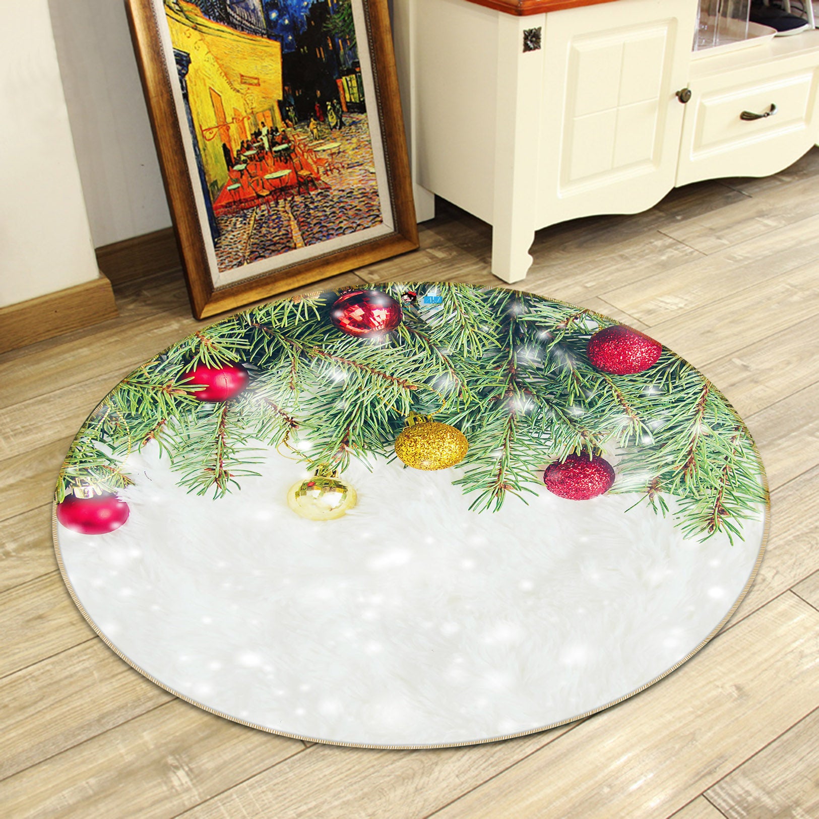3D Red Yellow Balls 56063 Christmas Round Non Slip Rug Mat Xmas