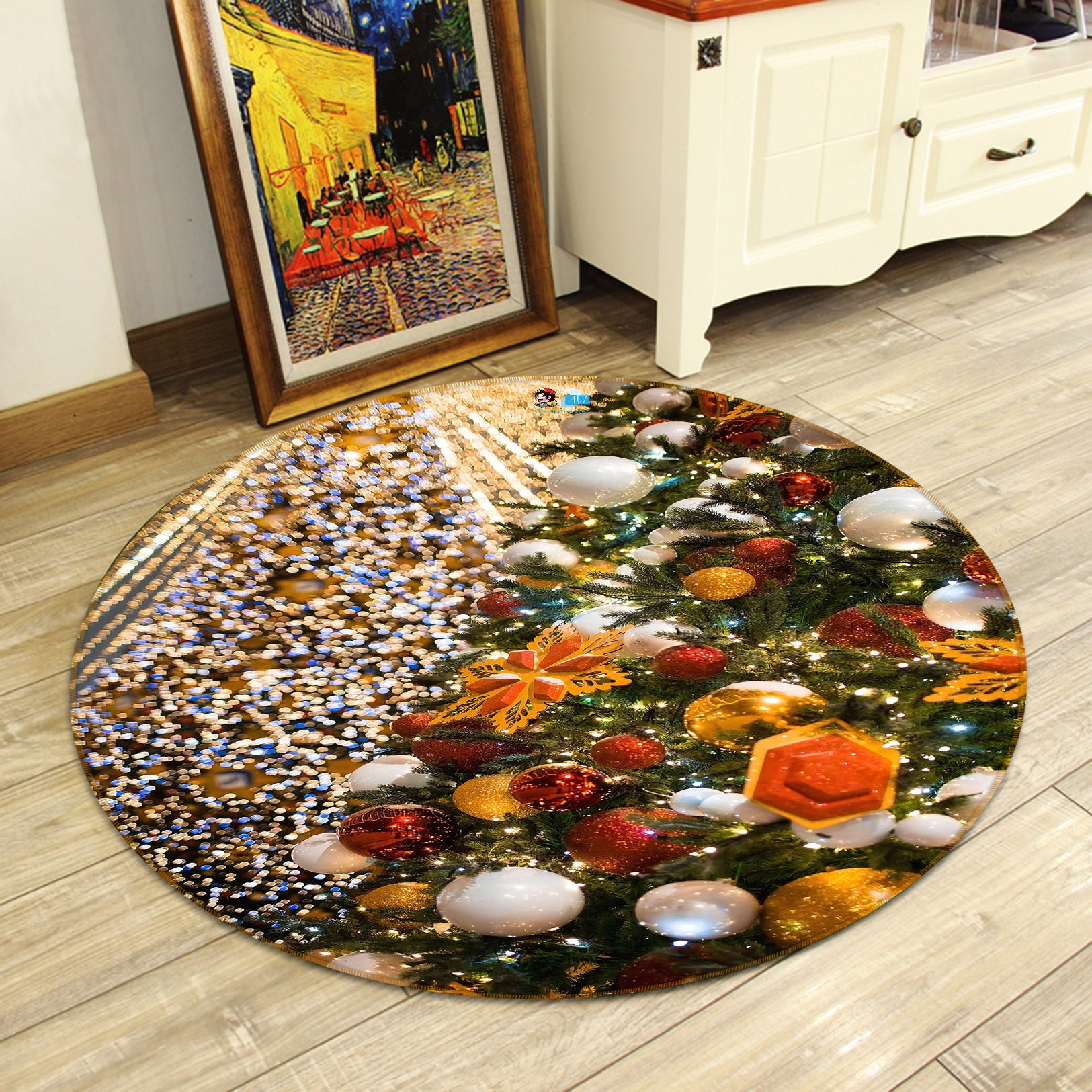 3D Golden Red Ball Tree 56093 Christmas Round Non Slip Rug Mat Xmas