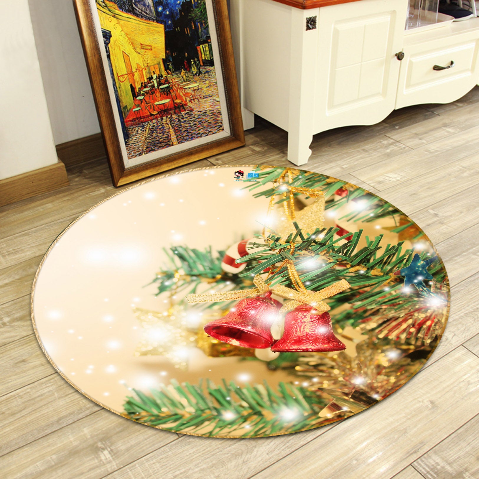 3D Branches Bells 56031 Christmas Round Non Slip Rug Mat Xmas