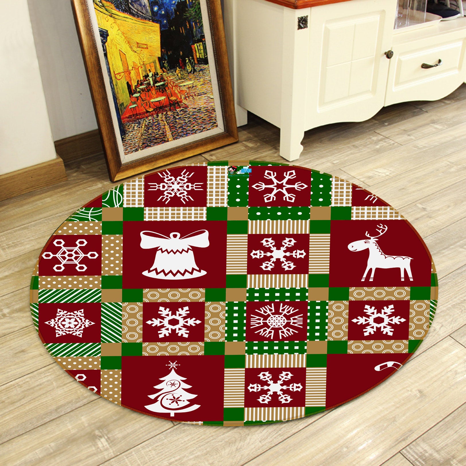 3D Tree Snowflake Red Lattice 55250 Christmas Round Non Slip Rug Mat Xmas