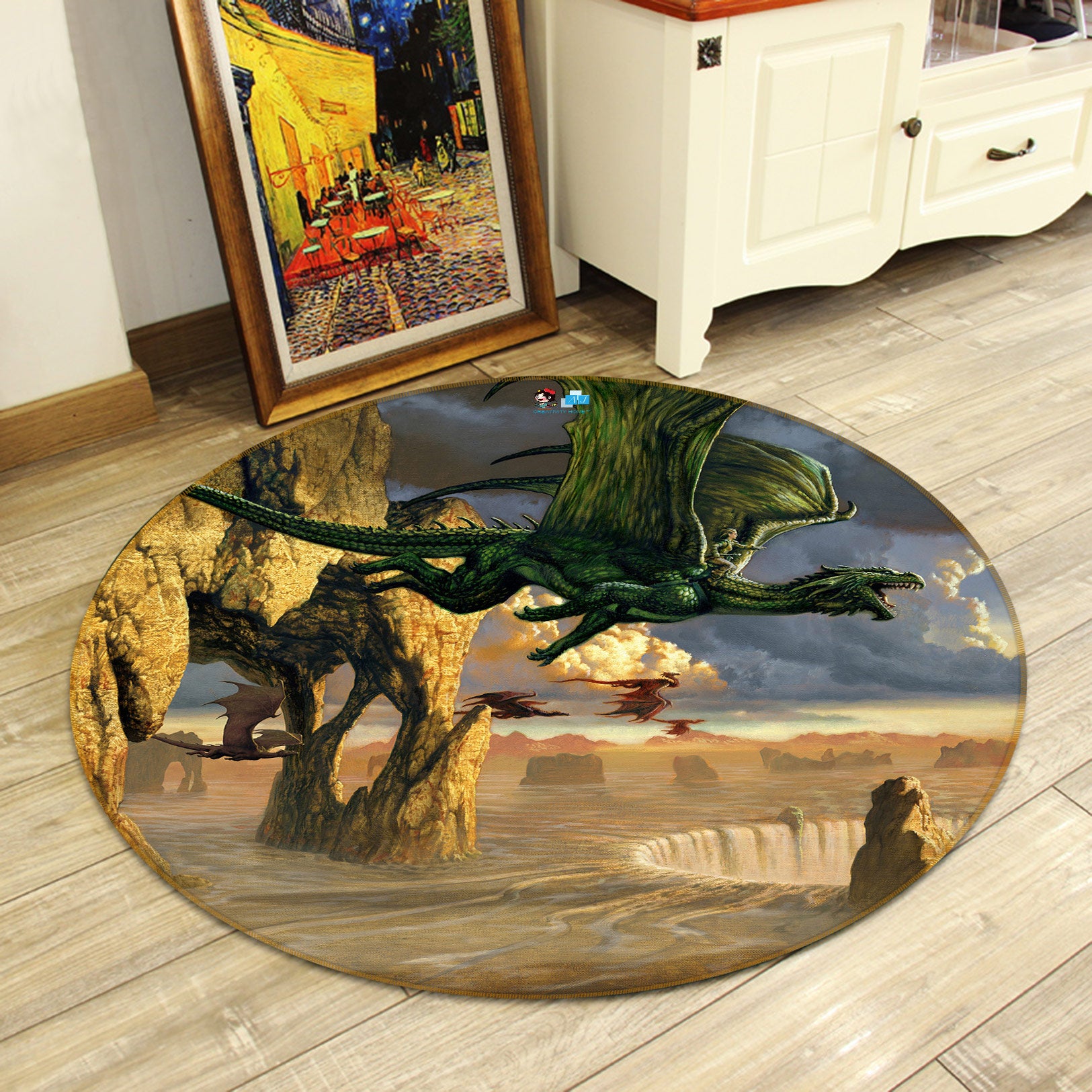 3D Green Dragon Stone 6138 Ciruelo Rug Round Non Slip Rug Mat