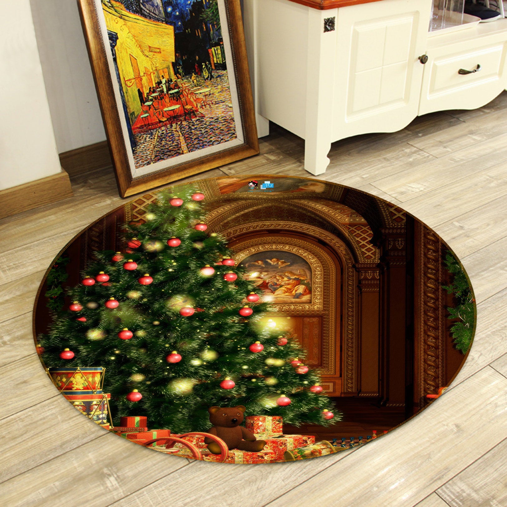 3D Warm Light Tree 763 Christmas Round Non Slip Rug Mat Xmas