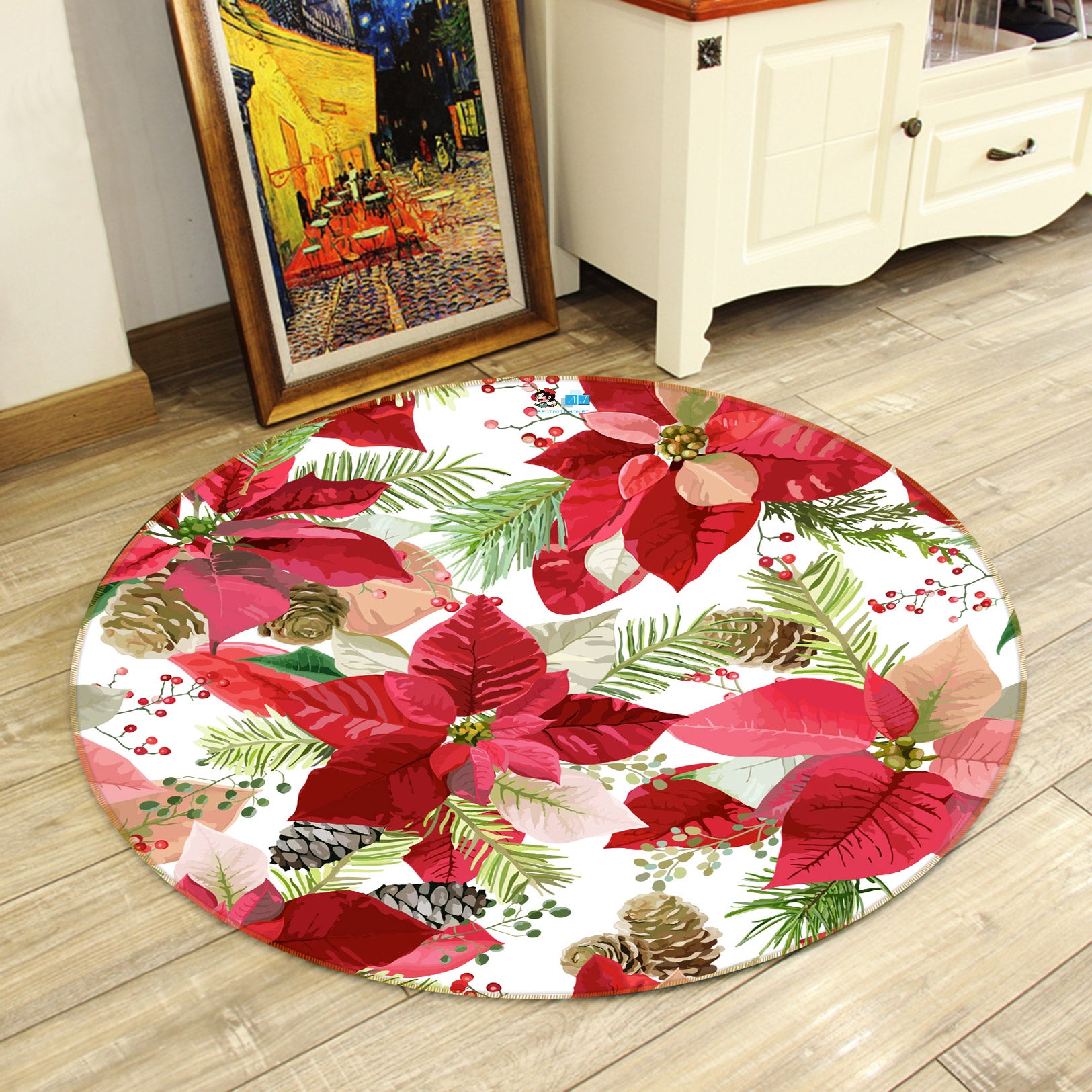 3D Red Leaves Flowers 55201 Christmas Round Non Slip Rug Mat Xmas
