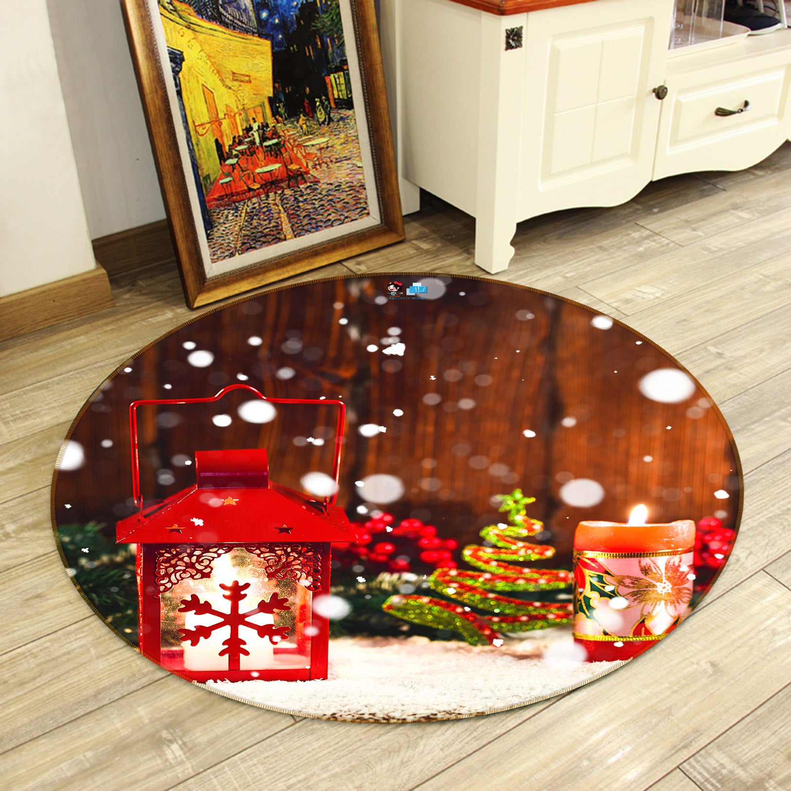 3D Snowflake Candle 55217 Christmas Round Non Slip Rug Mat Xmas