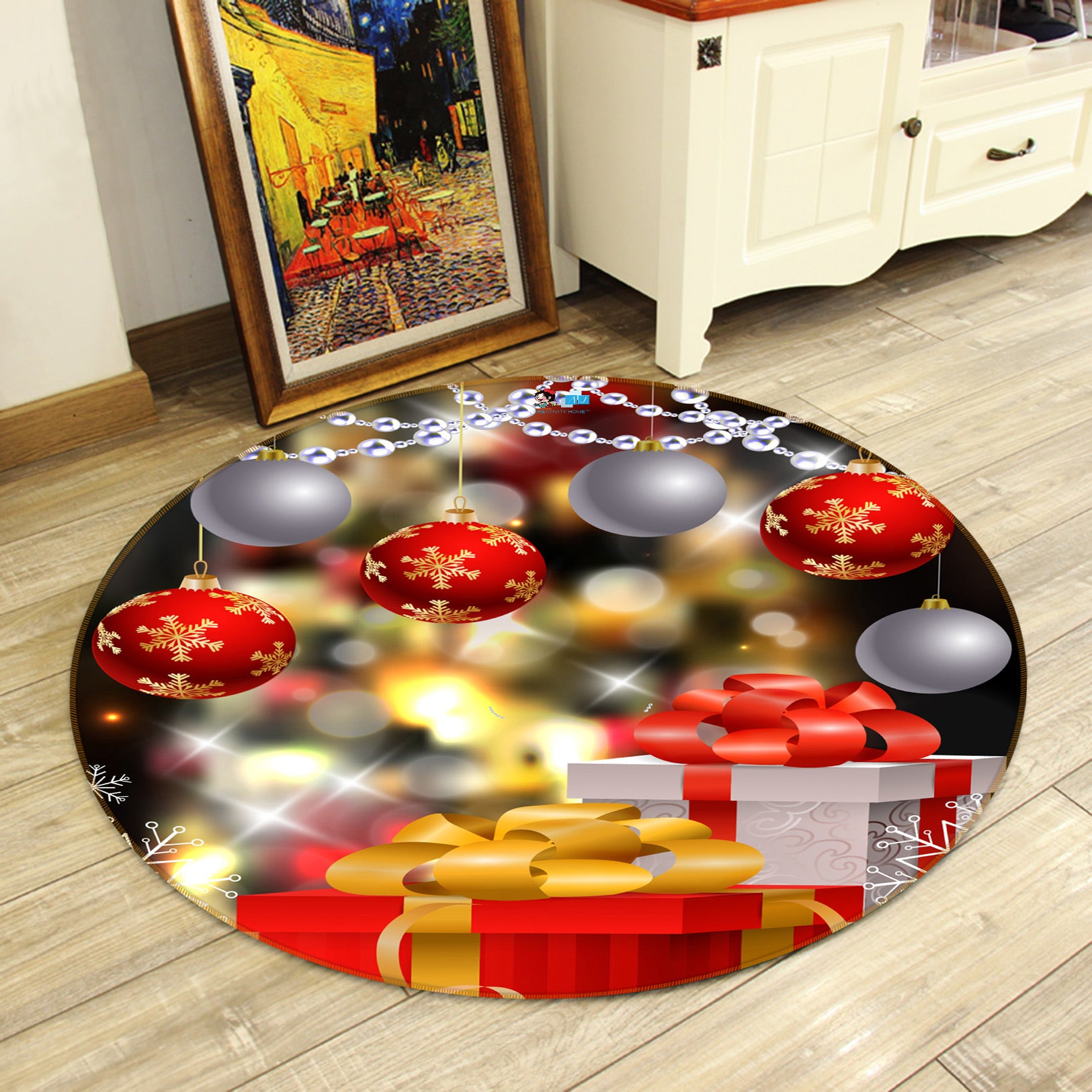 3D Gift Box 55195 Christmas Round Non Slip Rug Mat Xmas