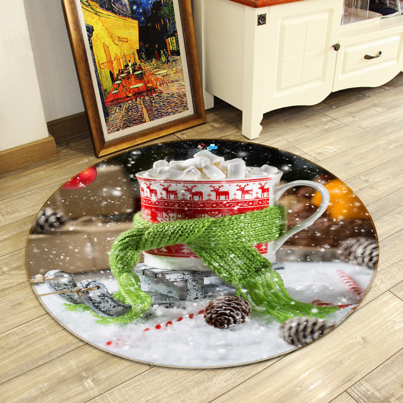 3D Pattern Cup Scarf 56078 Christmas Round Non Slip Rug Mat Xmas