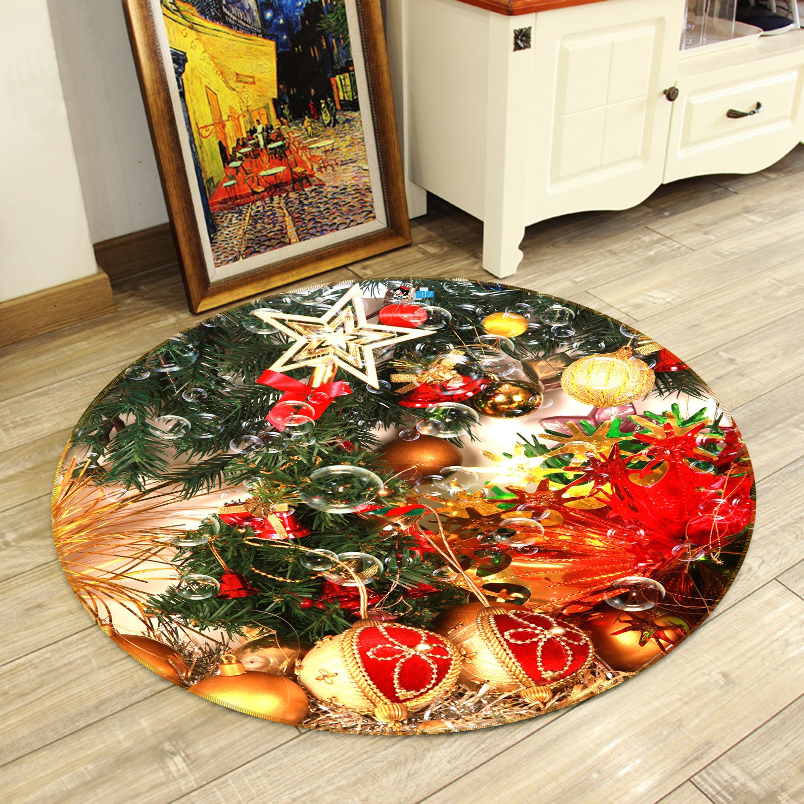 3D Golden Pendant 55190 Christmas Round Non Slip Rug Mat Xmas