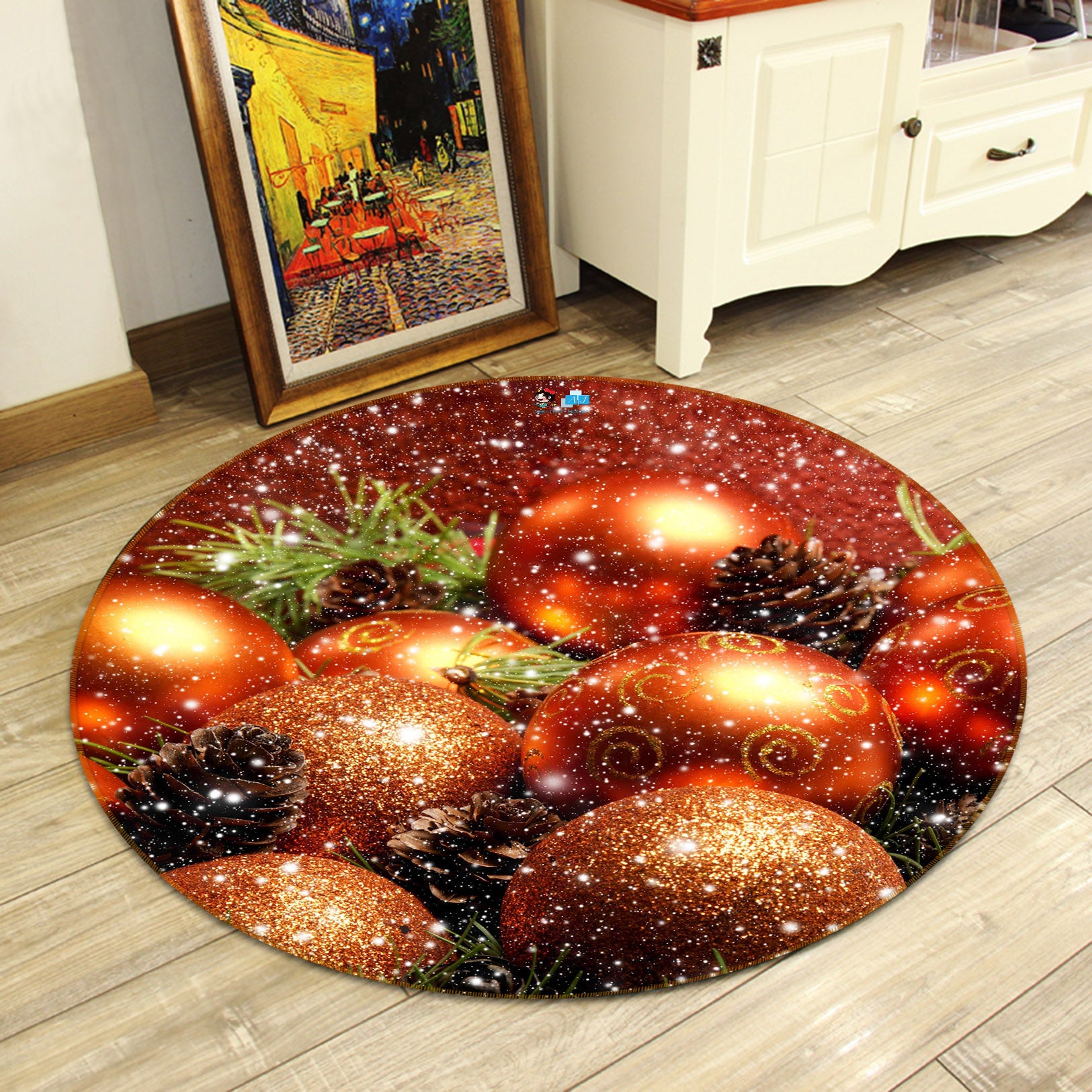 3D Golden Ball 56010 Christmas Round Non Slip Rug Mat Xmas
