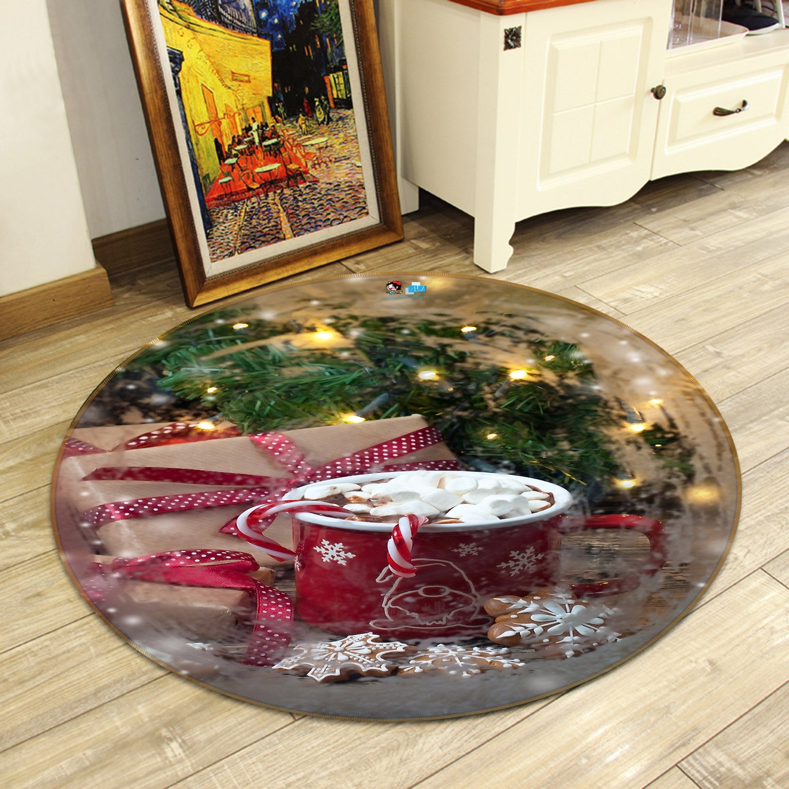 3D Red Water Glass 56095 Christmas Round Non Slip Rug Mat Xmas