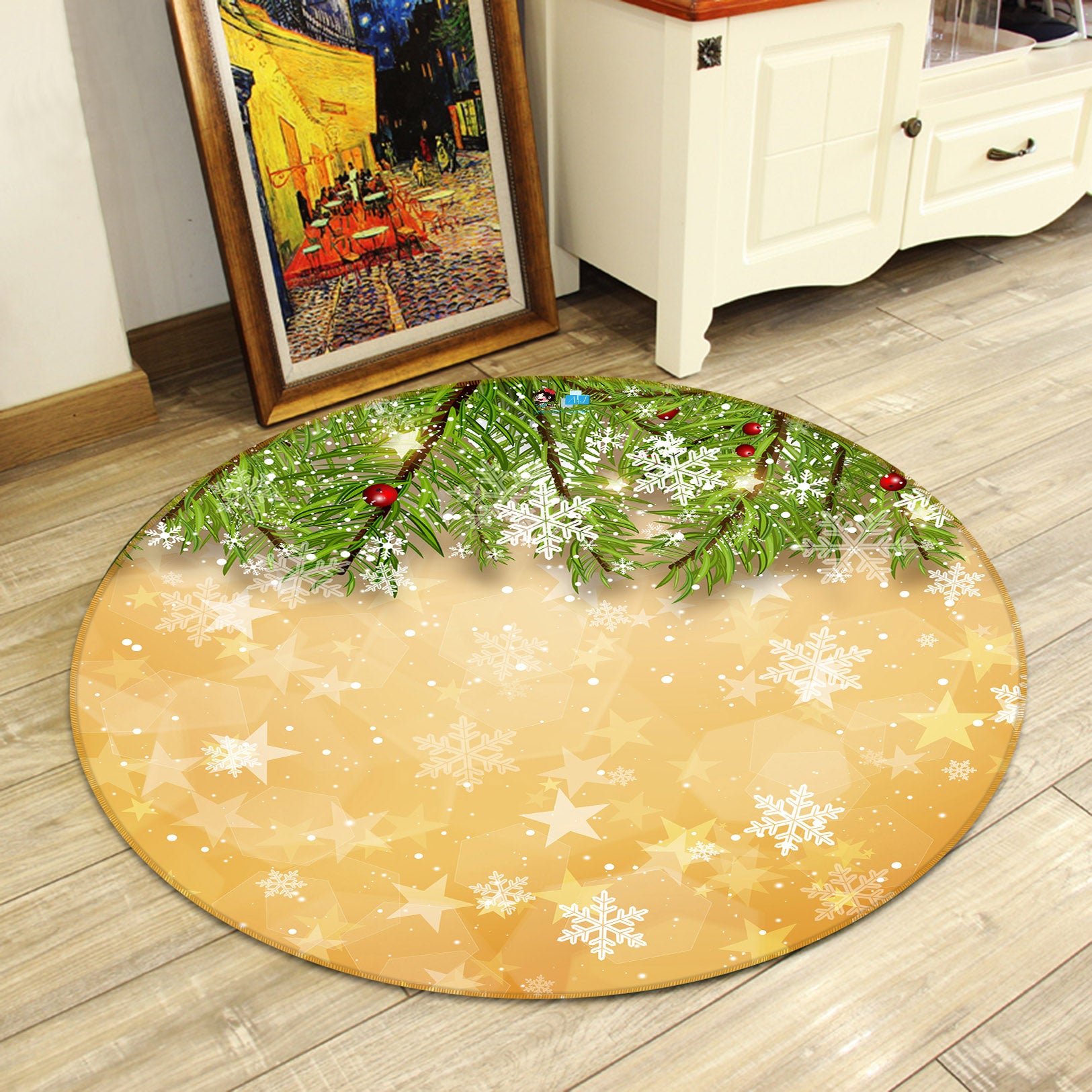 3D Branches Snowflakes 55270 Christmas Round Non Slip Rug Mat Xmas