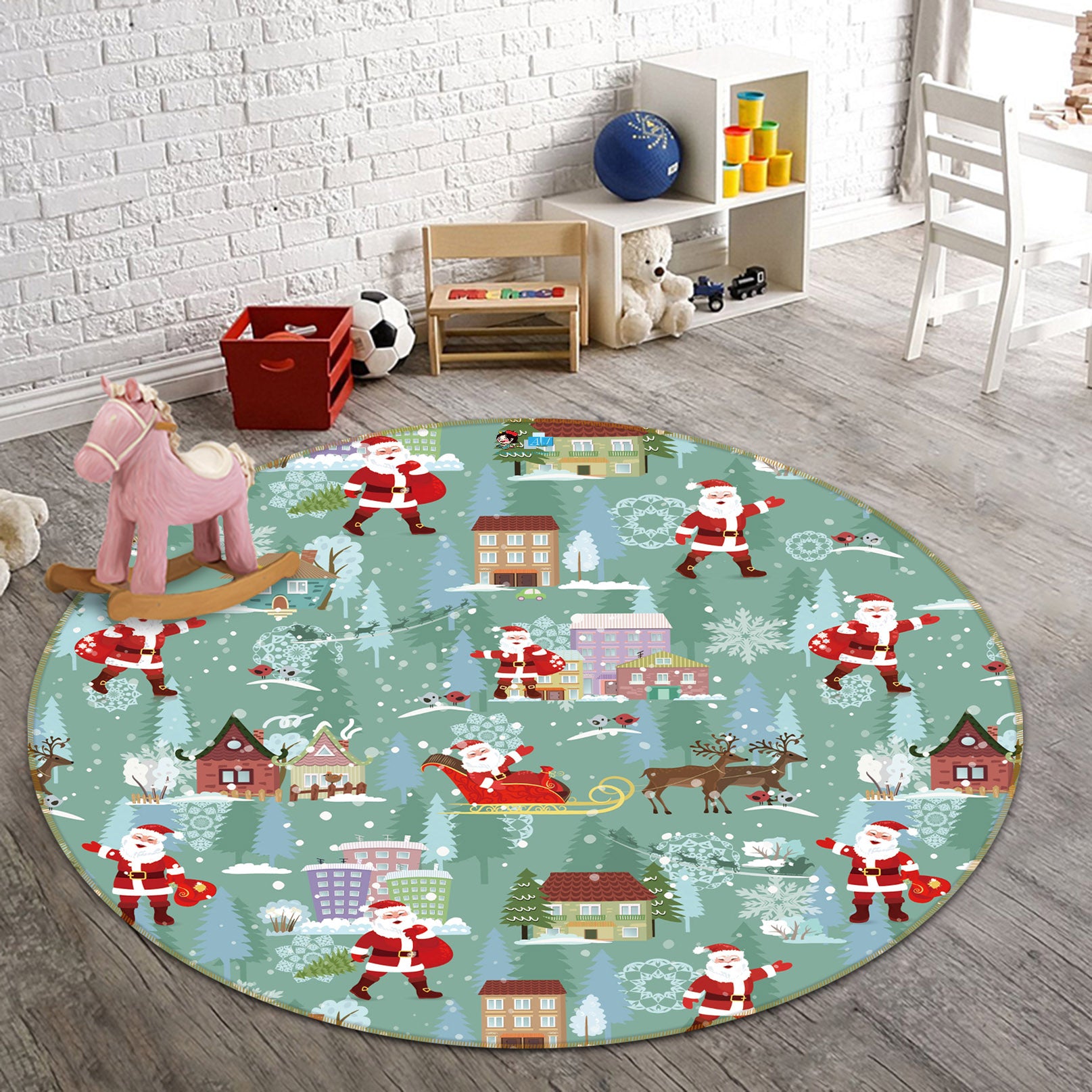 3D Santa Claus House Pattern 56028 Christmas Round Non Slip Rug Mat Xmas