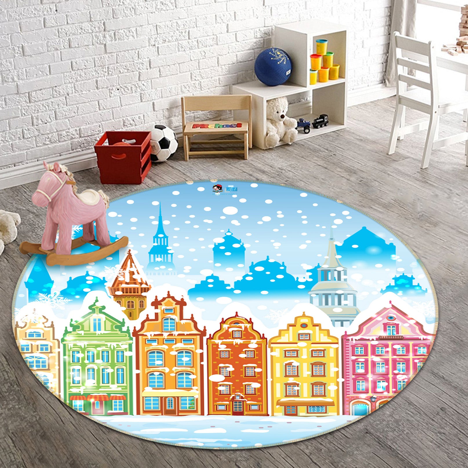 3D Snow Colorful Houses 56027 Christmas Round Non Slip Rug Mat Xmas
