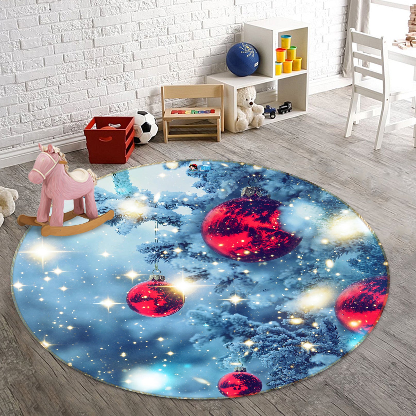 3D Snow Red Ball 55225 Christmas Round Non Slip Rug Mat Xmas