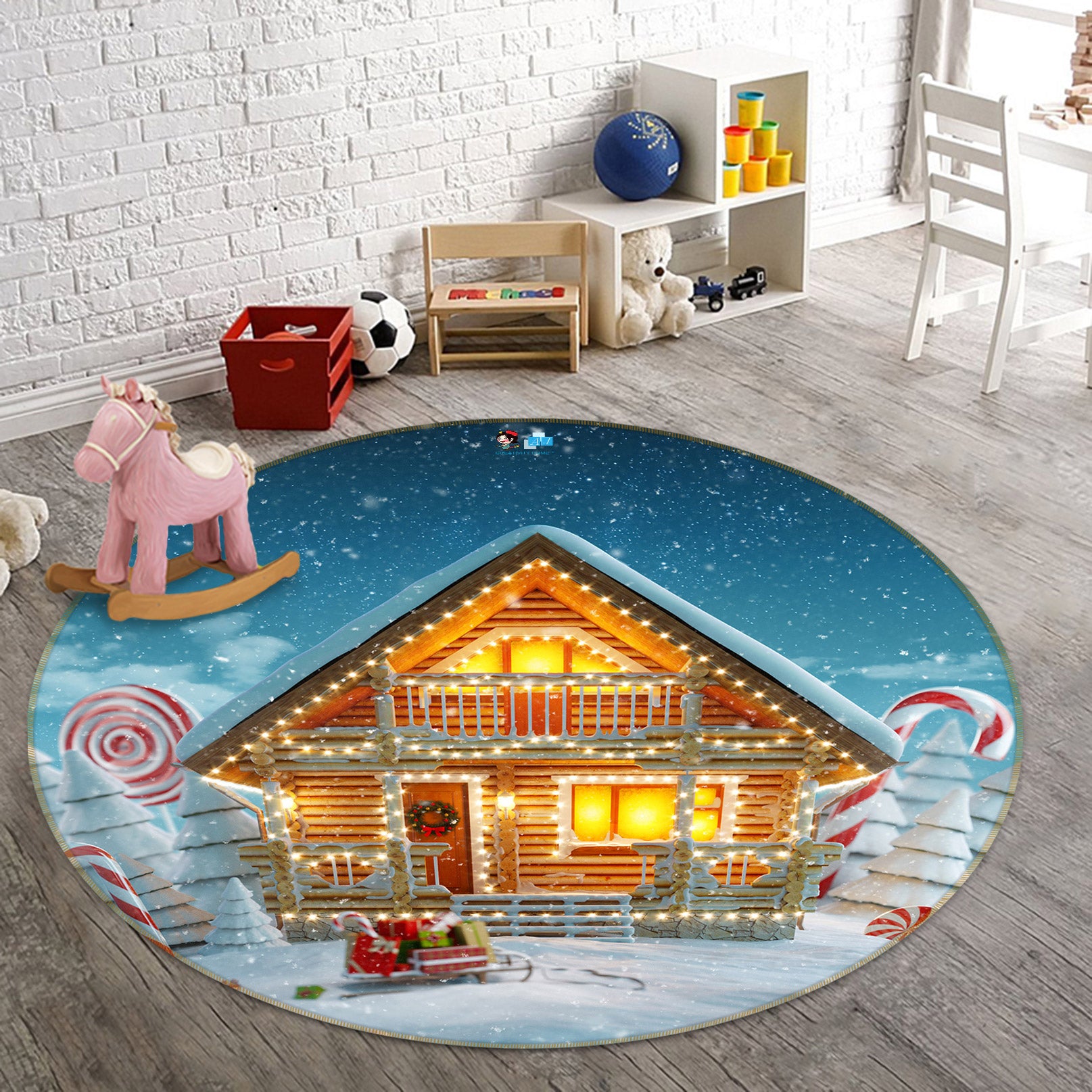 3D Snow House 55207 Christmas Round Non Slip Rug Mat Xmas