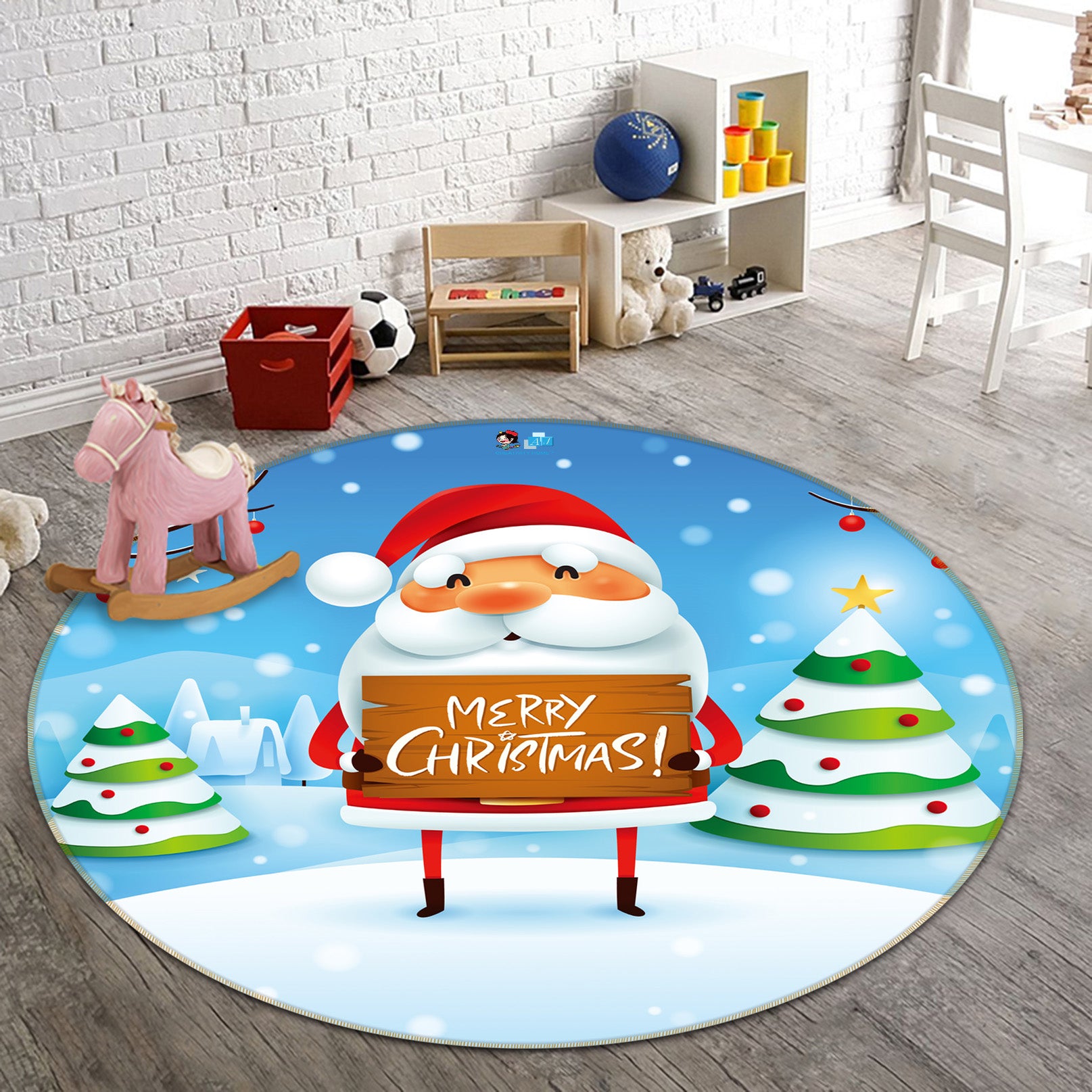 3D Santa Snow Tree 56073 Christmas Round Non Slip Rug Mat Xmas