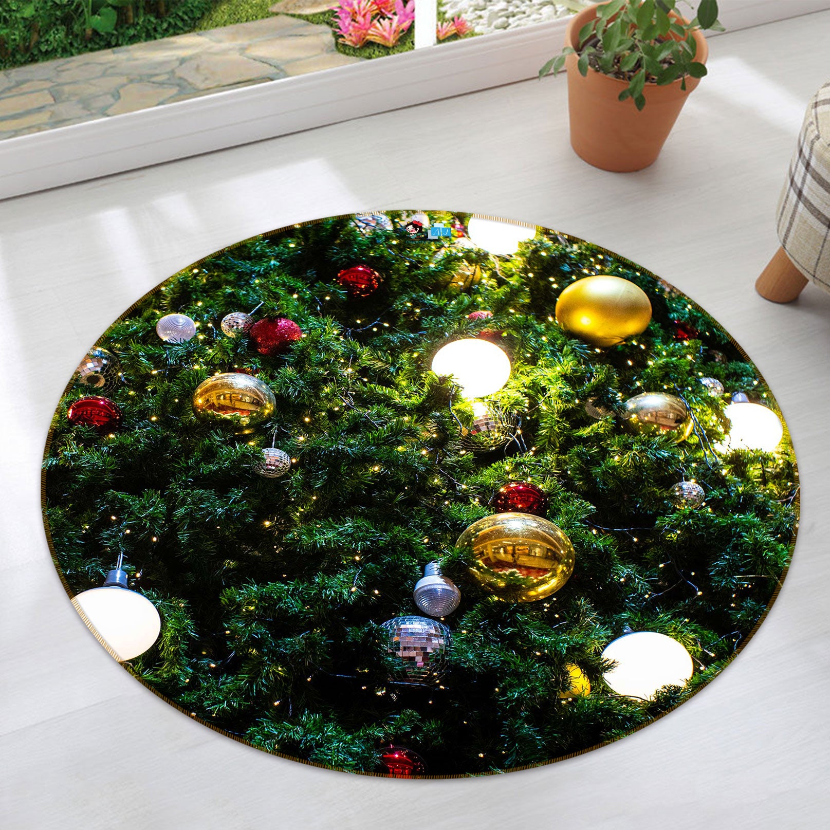 3D Tree Ball 55249 Christmas Round Non Slip Rug Mat Xmas