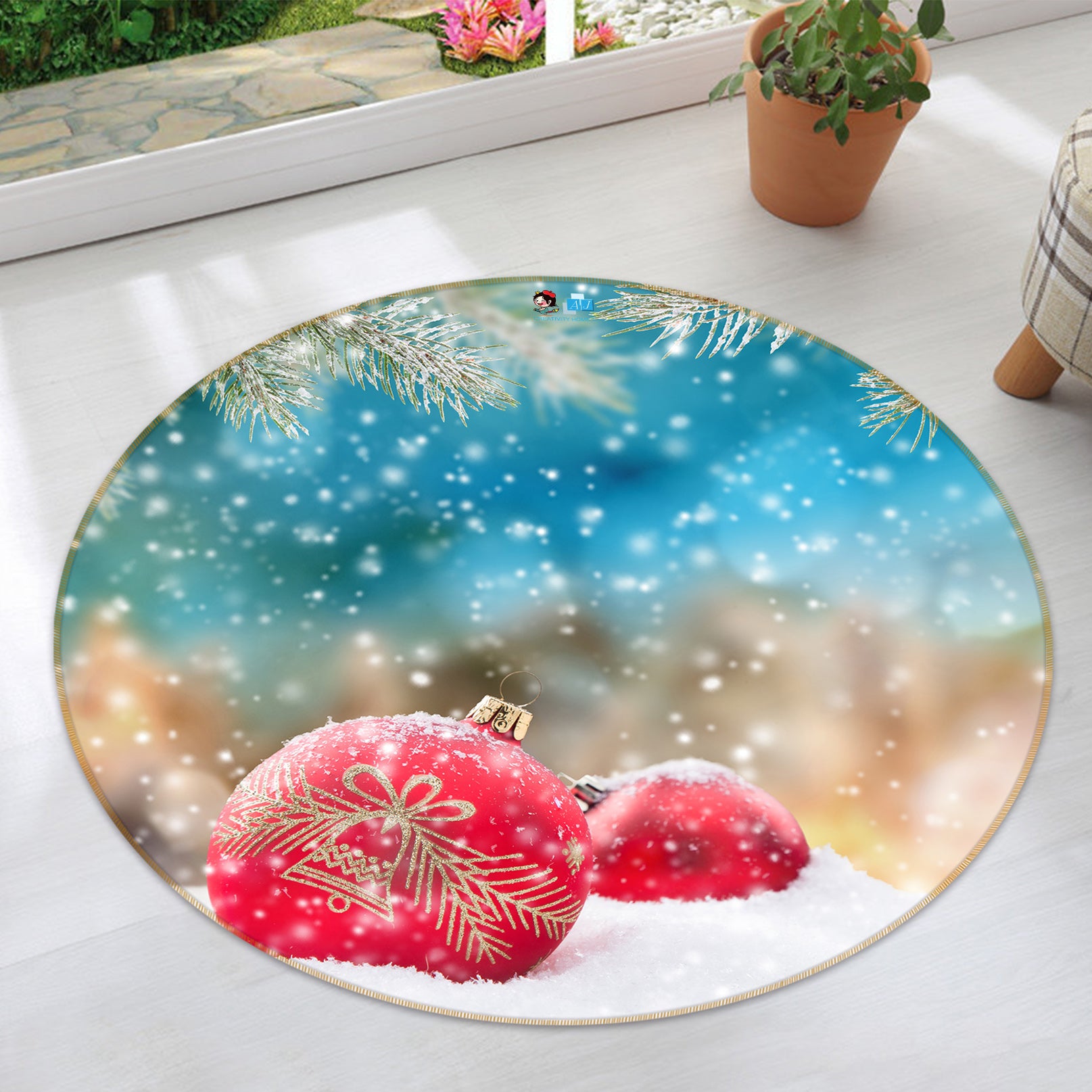 3D Snow Red Ball 56030 Christmas Round Non Slip Rug Mat Xmas