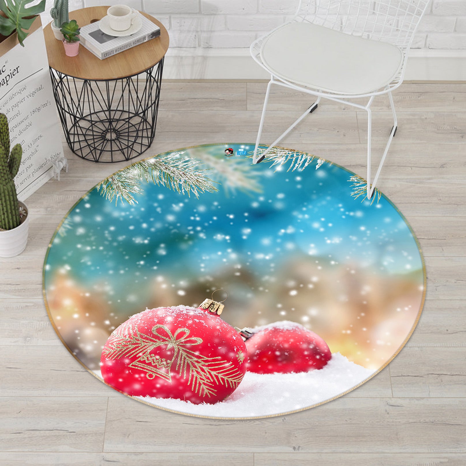 3D Snow Red Ball 56030 Christmas Round Non Slip Rug Mat Xmas