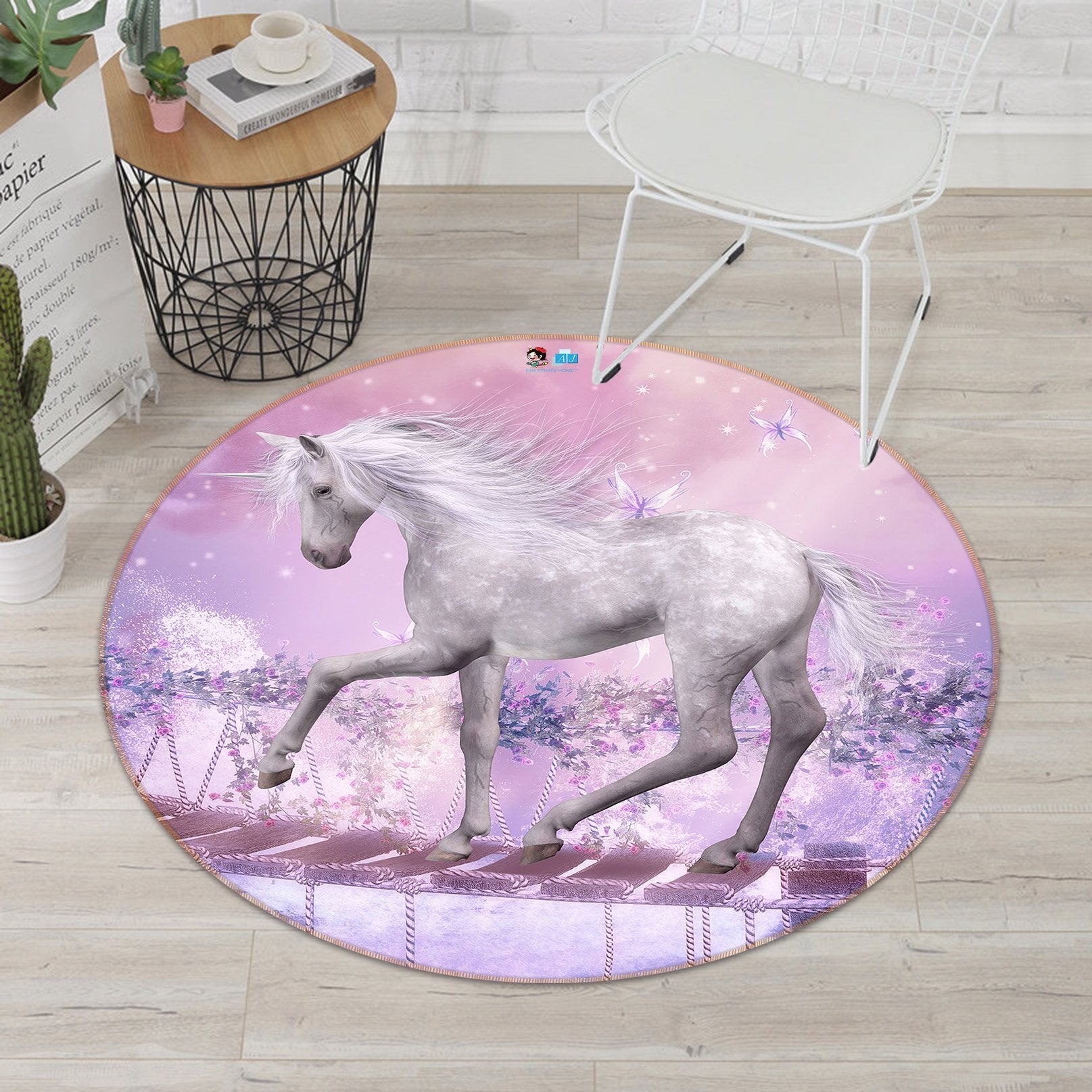 3D Unicorn Wood Bridge 357 Round Non Slip Rug Mat Mat AJ Creativity Home