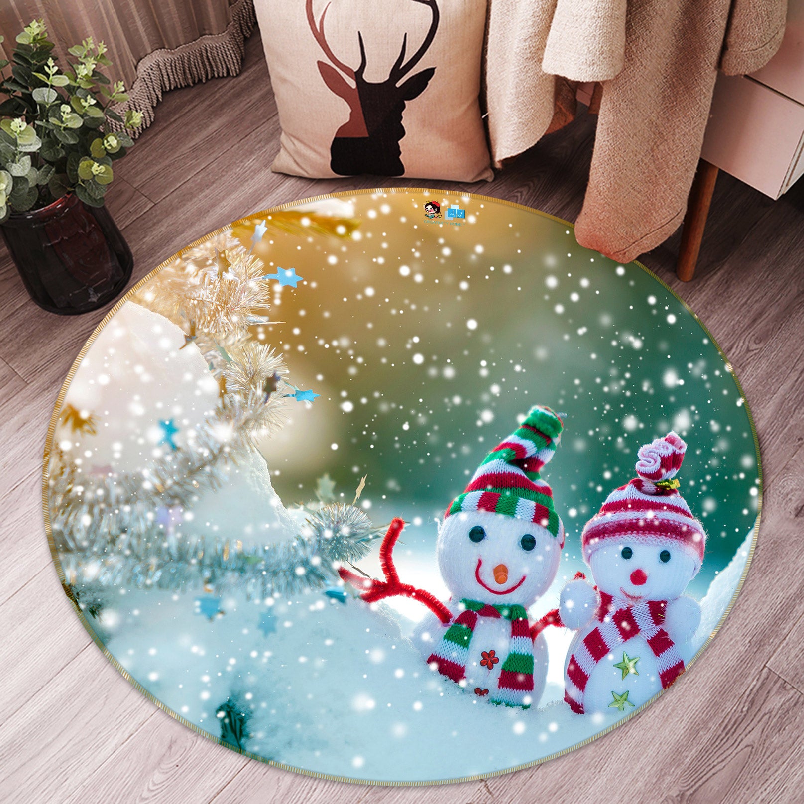 3D Snowman Doll 55236 Christmas Round Non Slip Rug Mat Xmas