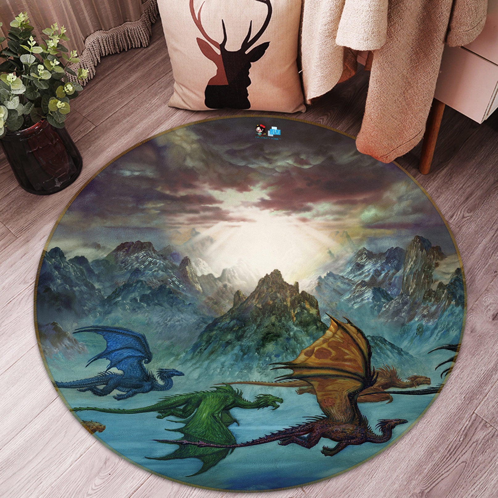 3D Mountain Peak Dragon 6124 Ciruelo Rug Round Non Slip Rug Mat