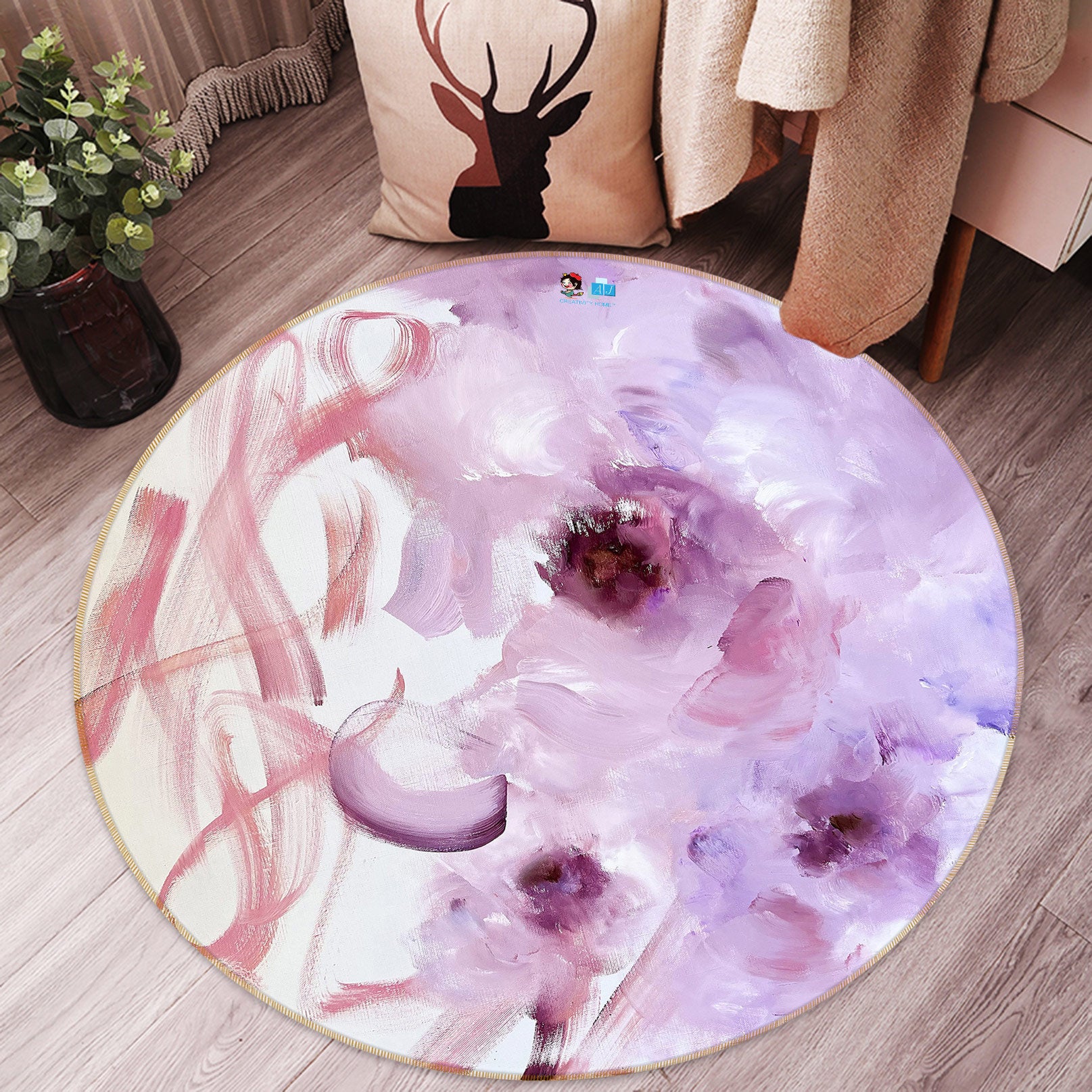 3D Purple Flower 7822 Skromova Marina Rug Round Non Slip Rug Mat
