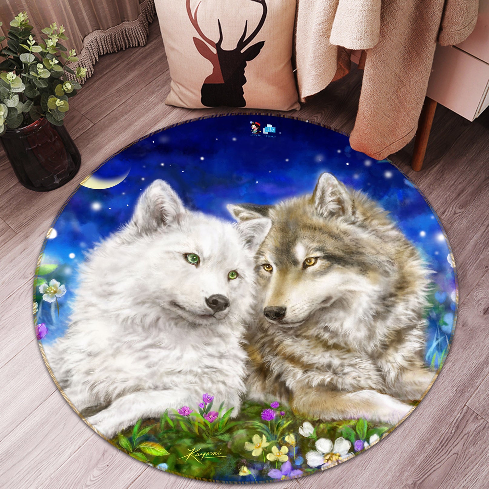 3D Wolf Couple 6031 Kayomi Harai Rug Round Non Slip Rug Mat