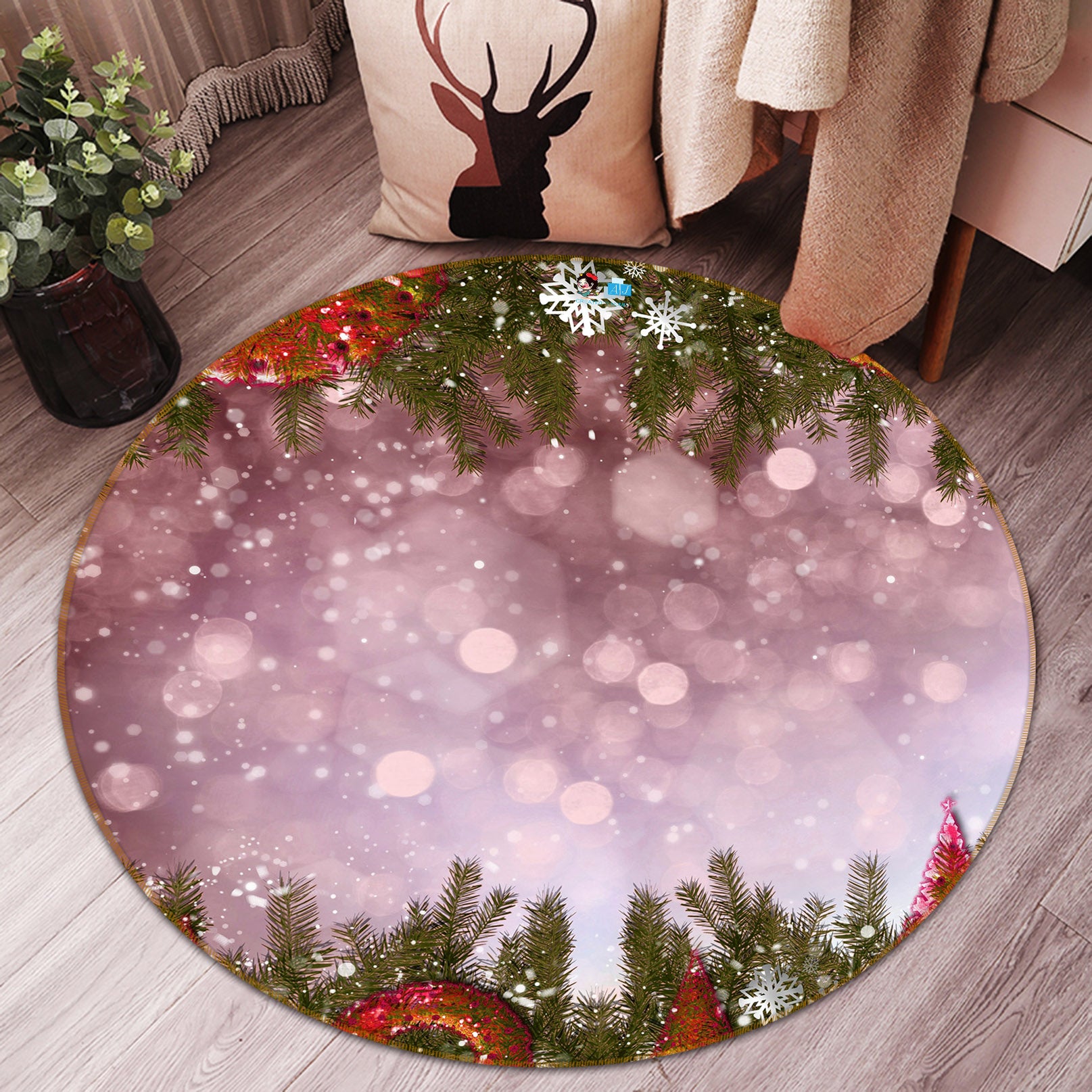 3D Branches Snowflake 56043 Christmas Round Non Slip Rug Mat Xmas