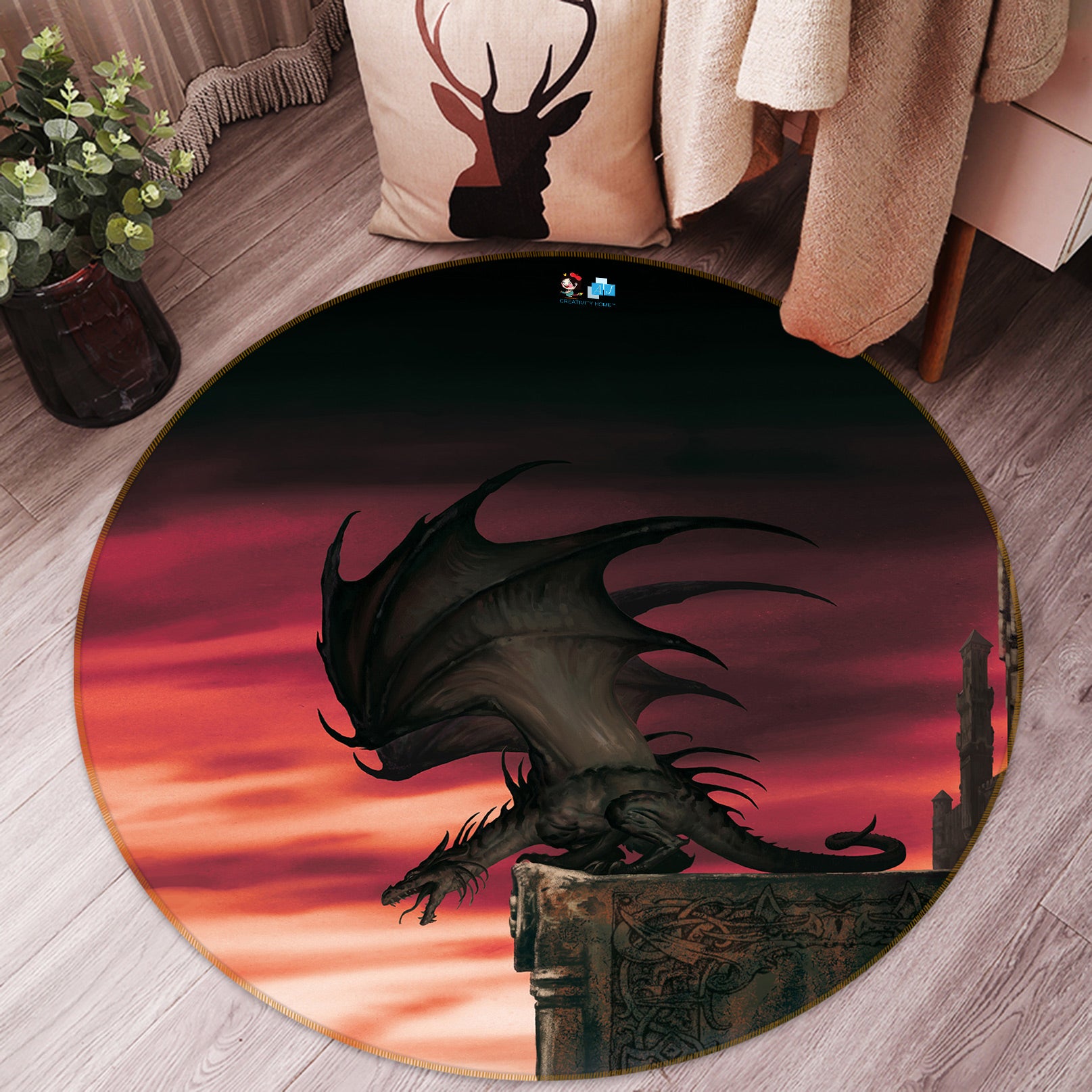 3D Red Sky Dragon 6127 Ciruelo Rug Round Non Slip Rug Mat
