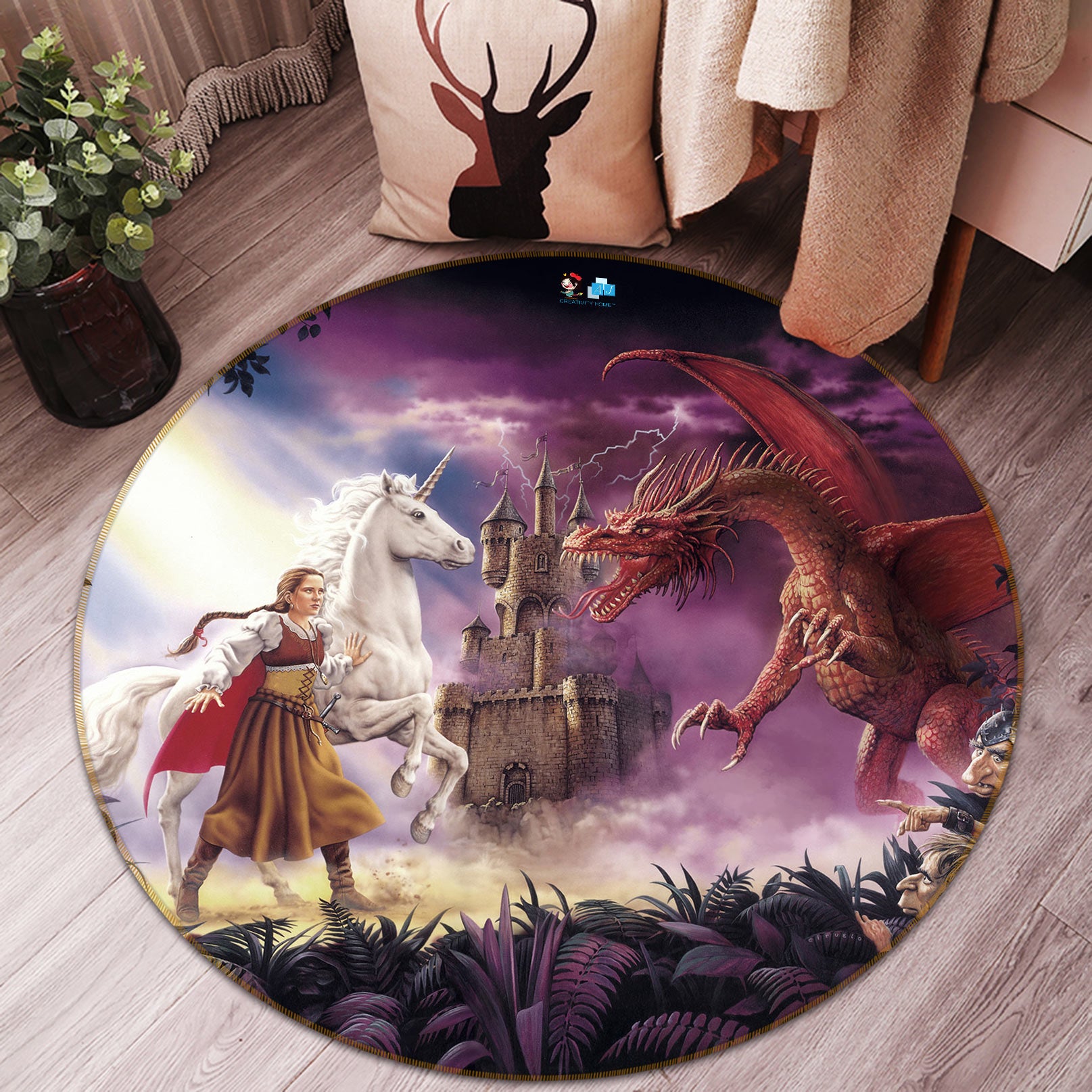 3D White Unicorn Red Dragon Castle 6073 Ciruelo Rug Round Non Slip Rug Mat