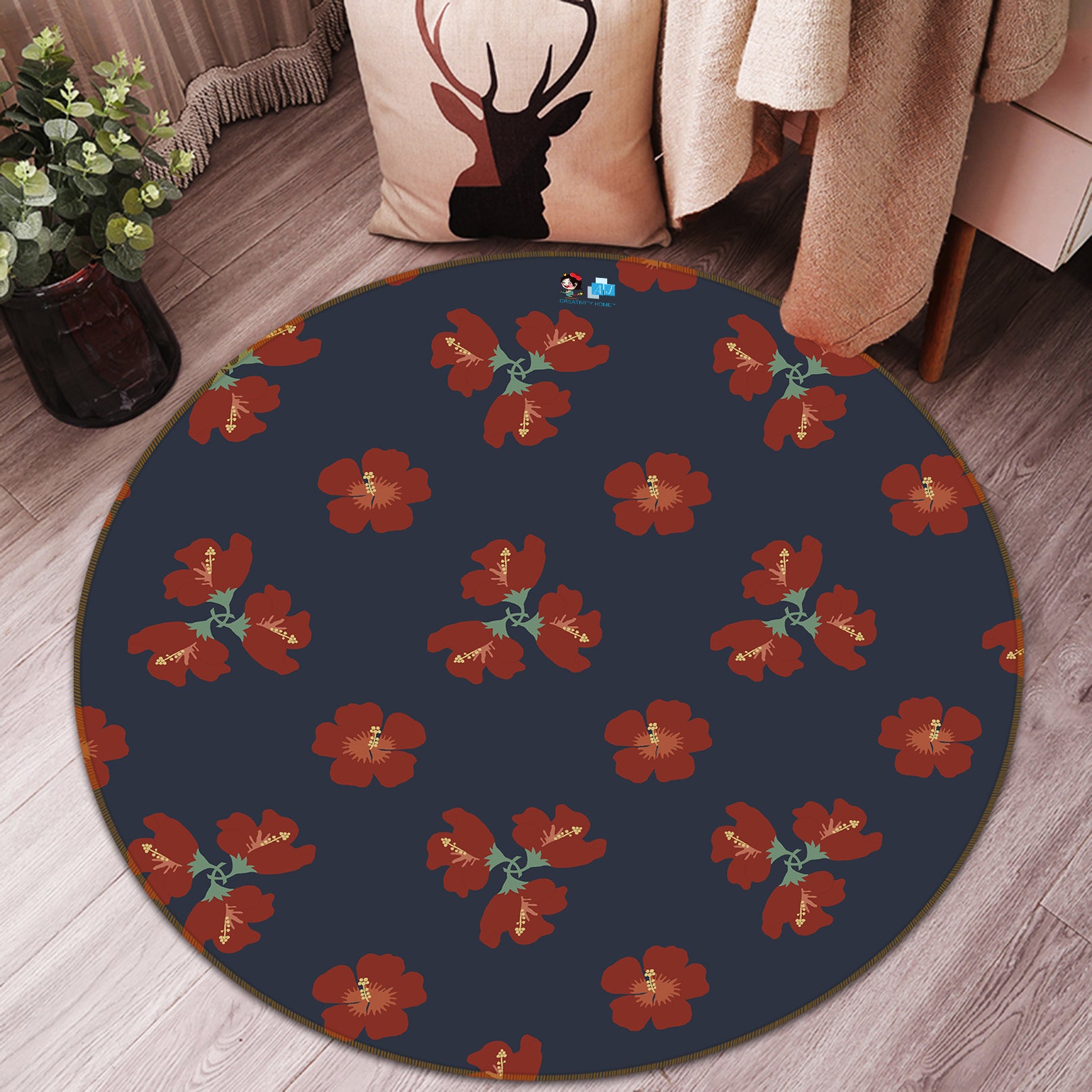 3D Red Flowers 9898 Kasumi Loffler Rug Round Non Slip Rug Mat