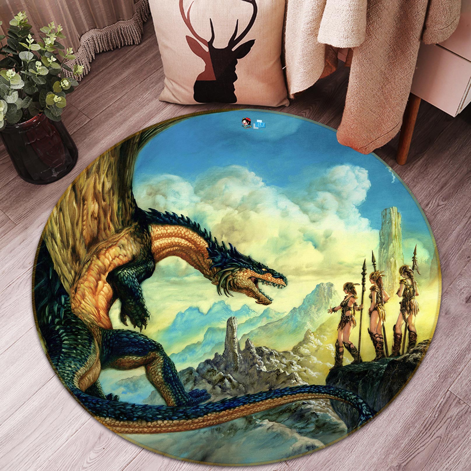 3D Dragon Female Warrior 6135 Ciruelo Rug Round Non Slip Rug Mat