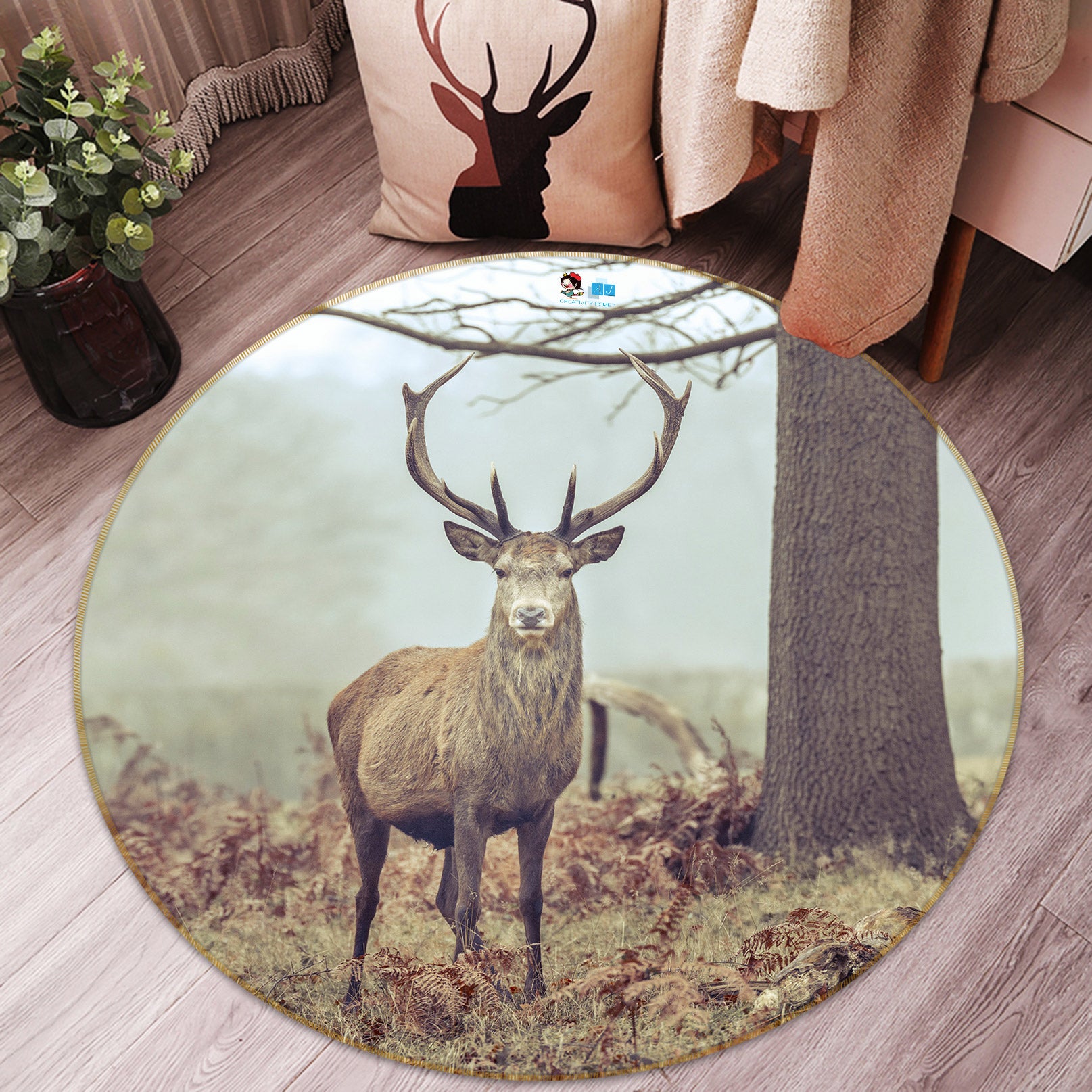 3D Animal Elk 7573 Assaf Frank Rug Round Non Slip Rug Mat