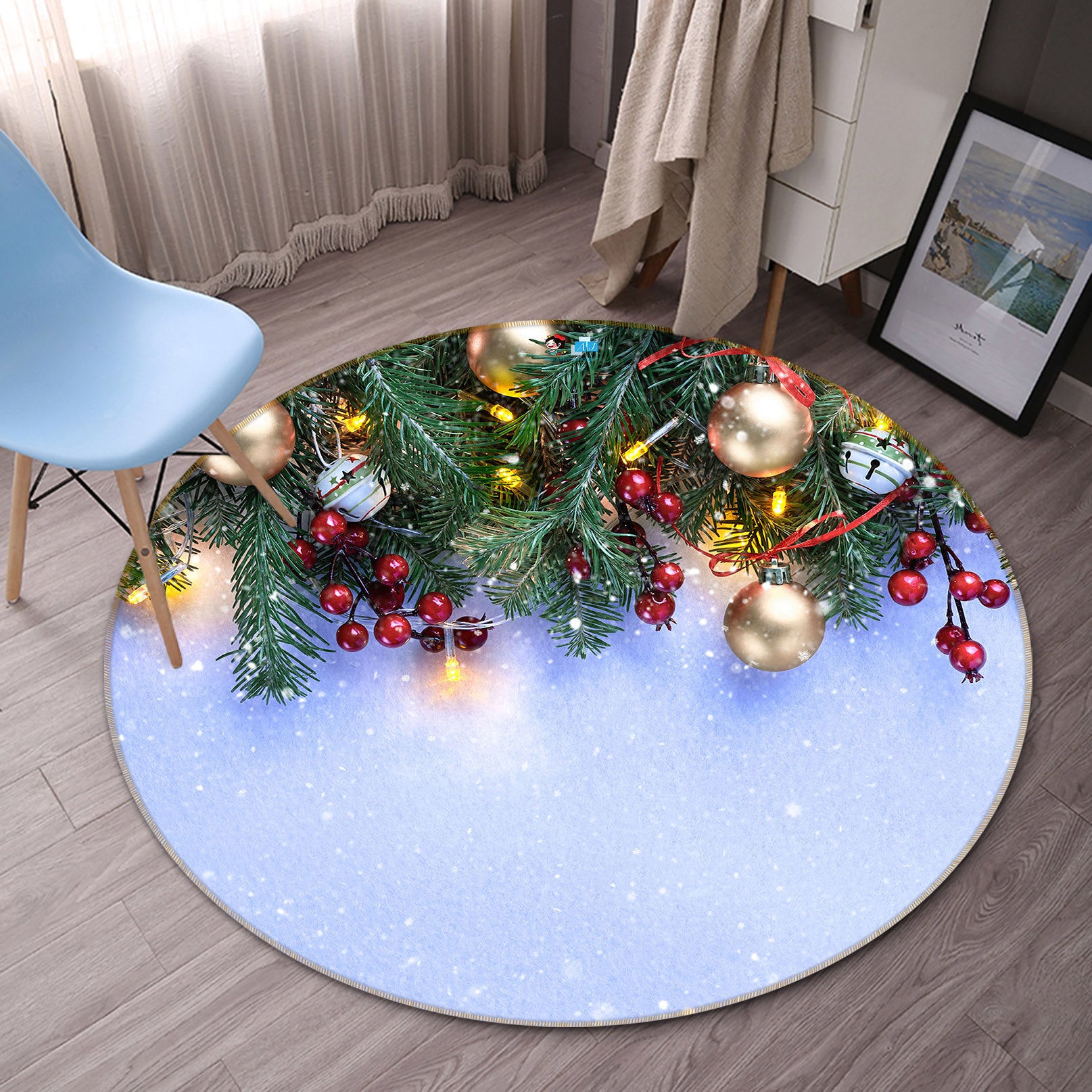 3D Branches 56059 Christmas Round Non Slip Rug Mat Xmas