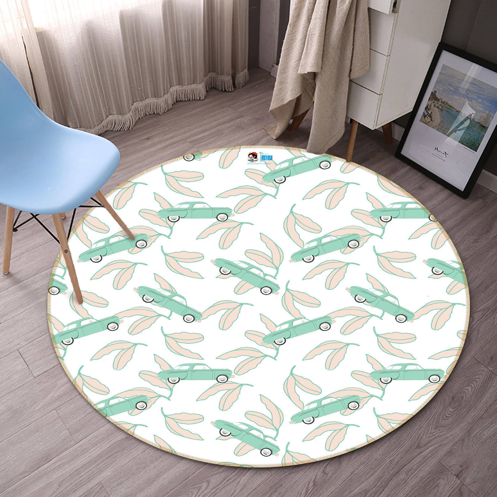 3D Green Car Leaves Pattern 9895 Kasumi Loffler Rug Round Non Slip Rug Mat