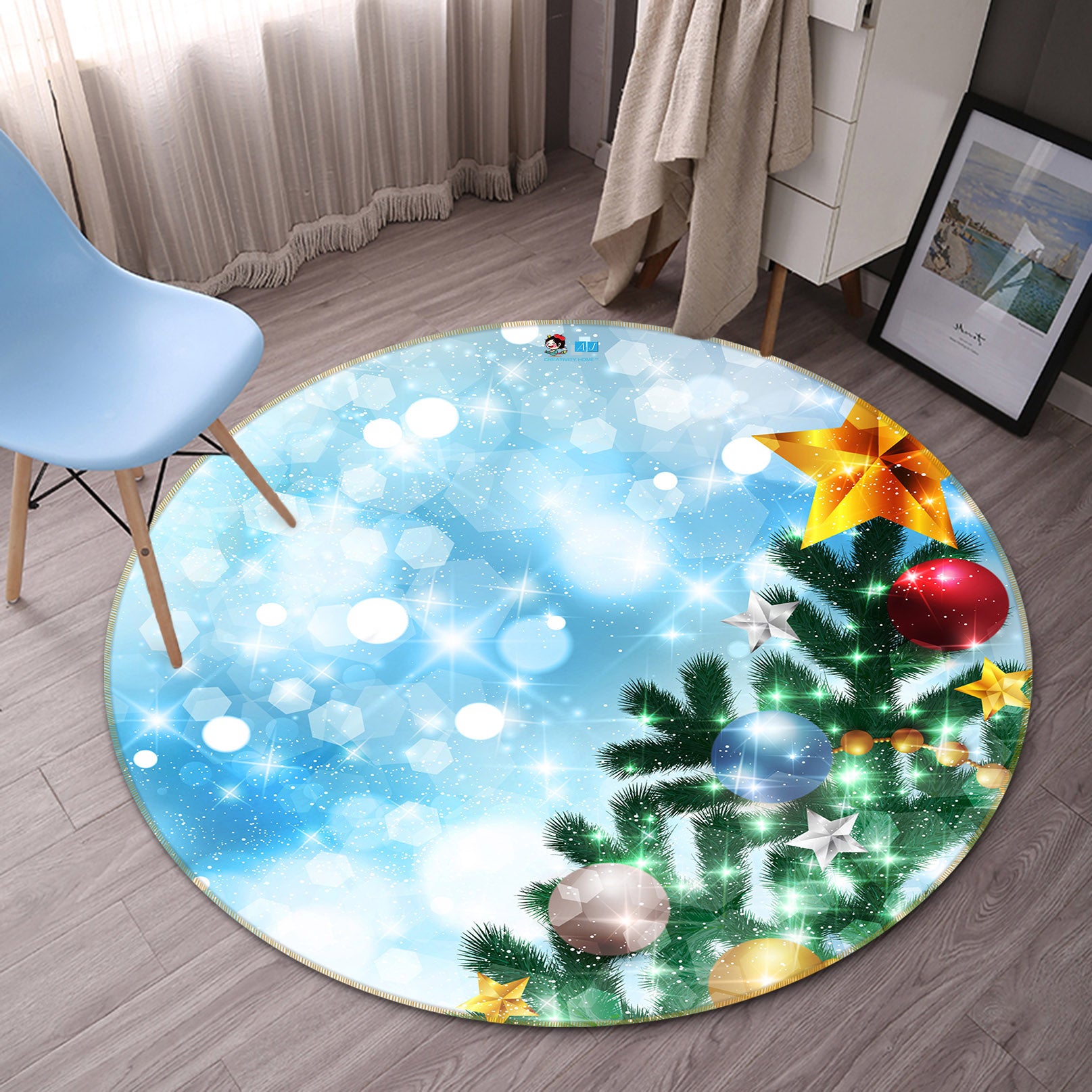 3D Tree Snow 56038 Christmas Round Non Slip Rug Mat Xmas