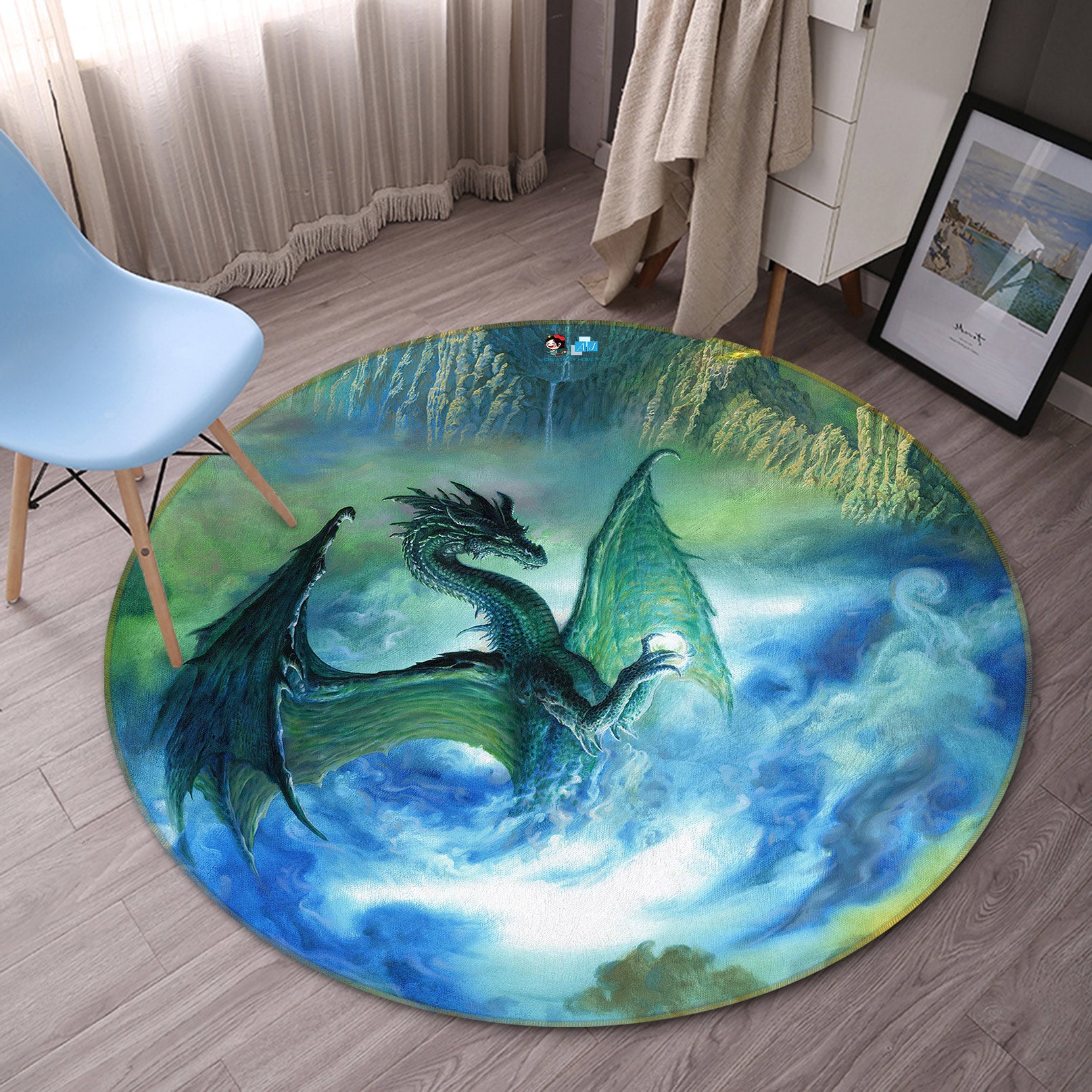 3D Blue Cloud Mist Dragon 6147 Ciruelo Rug Round Non Slip Rug Mat