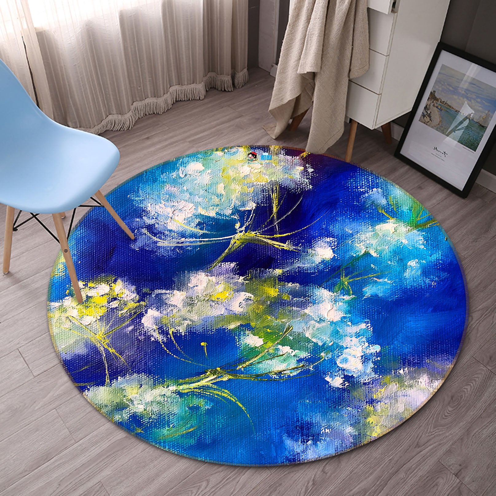 3D Blue Painted Flower 921 Skromova Marina Rug Round Non Slip Rug Mat