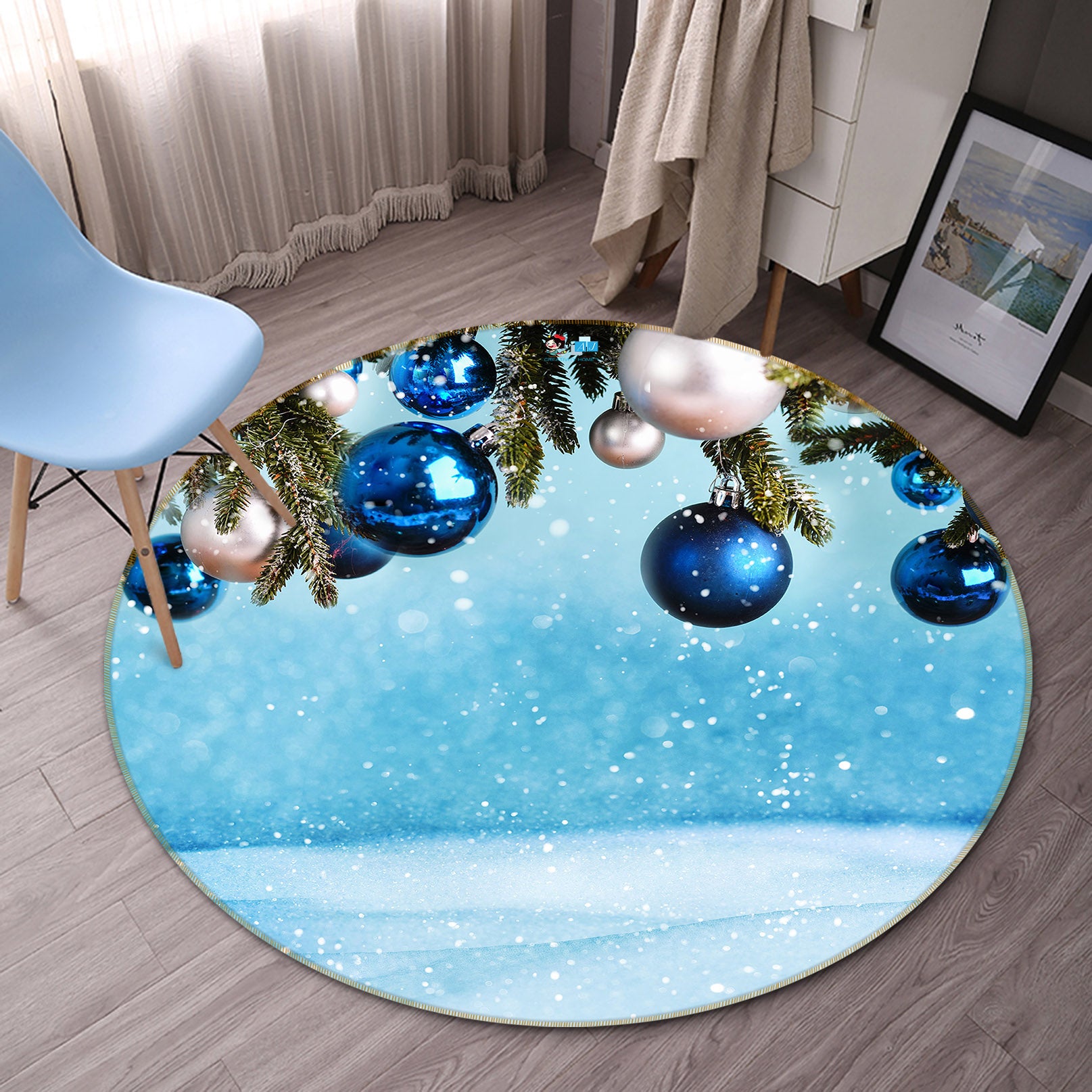 3D Blue Ball 56069 Christmas Round Non Slip Rug Mat Xmas