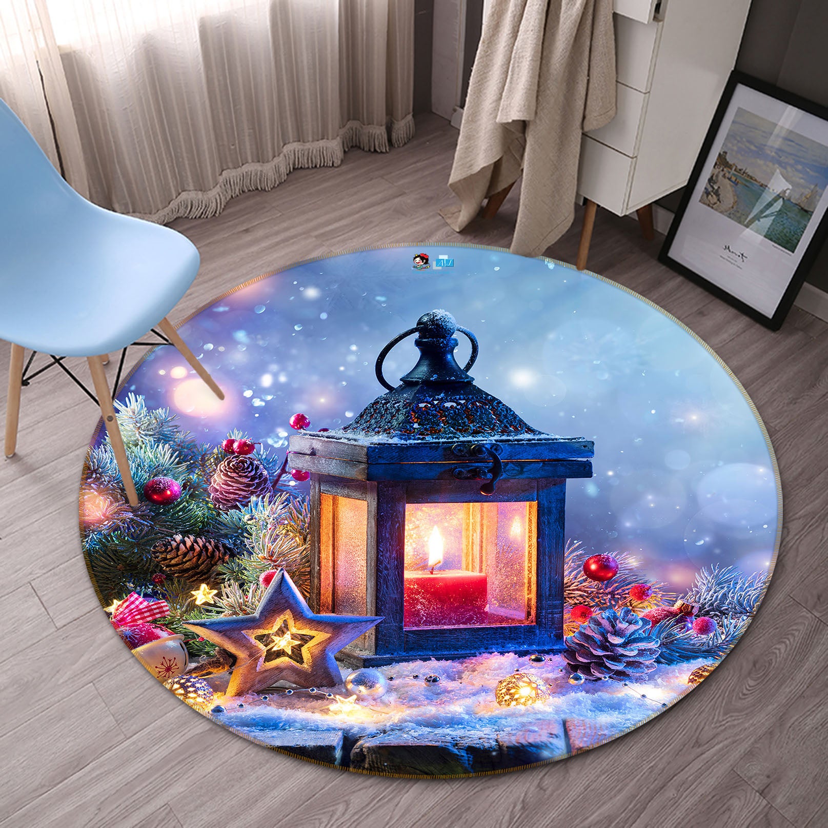 3D Candle Light 56098 Christmas Round Non Slip Rug Mat Xmas